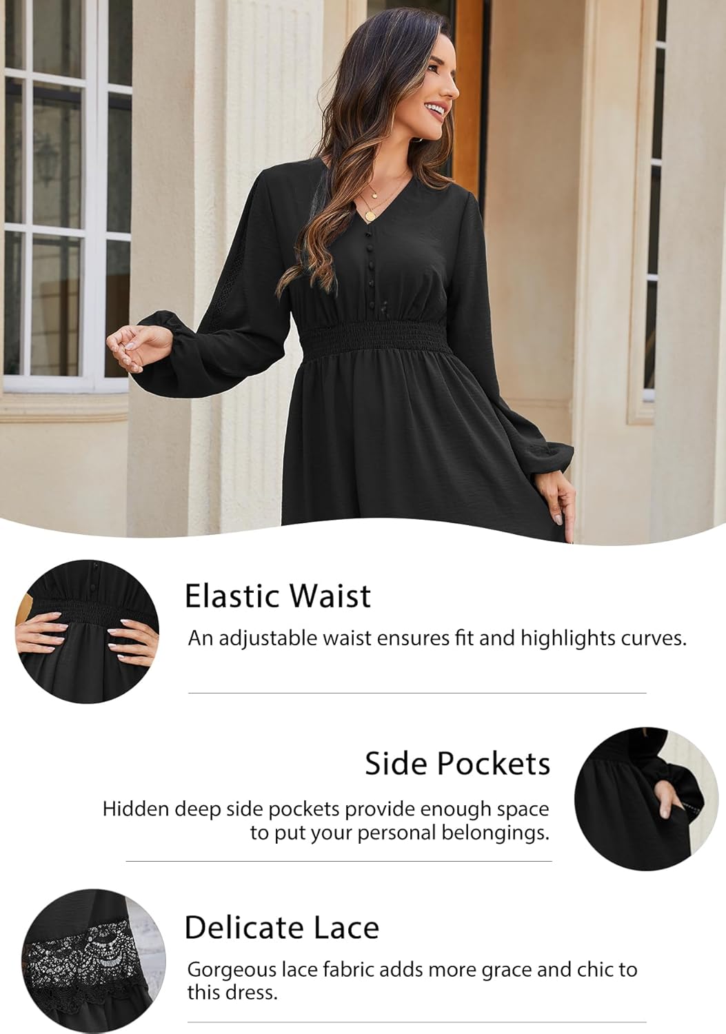 Women's Long Sleeve Boho Maxi Dress 2026 V Neck Smocked Elegant Long Dresses with Pockets for Wedding Guest Vacation - Image 5