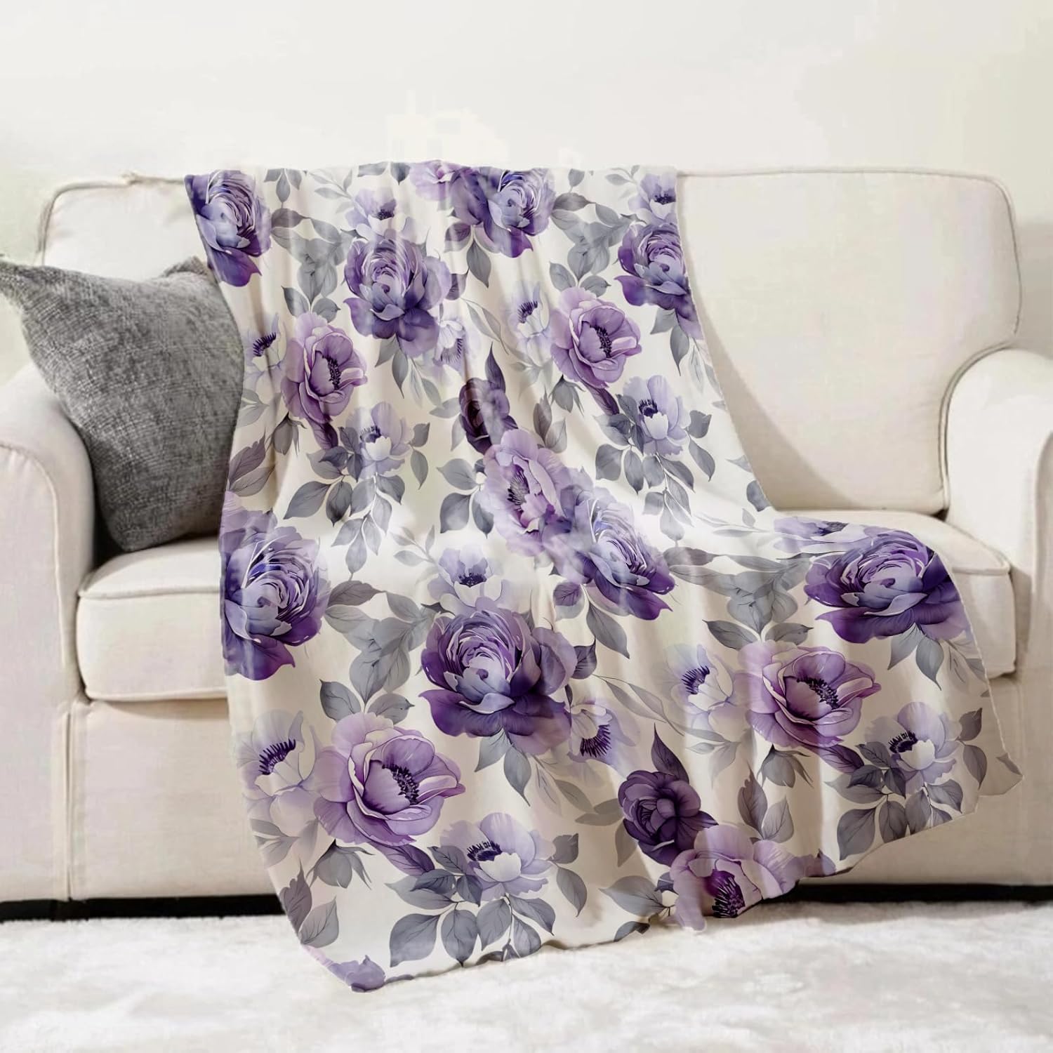 Purple Floral Throw Blanket Gifts for Adults Kids, Elegant Peony Flower Blankets for Living Room Bedroom Decor, Fuzzy Warm Flannel Plush 50"x60" - Image 2