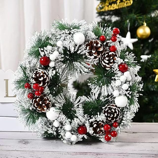 vol Christmas Wreath Natural Pine Cone and Berry Decorated Wreath Christmas Decoration Spruce Wreath Decoration Xmas for Front Door, Door Hanging Garland Window Wall, 30cm