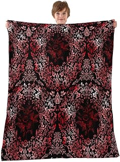 Castle Fairy Vintage Damask Floral Flannel Blankets,Victorian Baroque Fleece Blanket,Kids Girls Boys Adult Red Black Damask Fuzzy Blankets Boho Classic Sherpa Blanket Chair Sofa Bed Decor,30"×40"