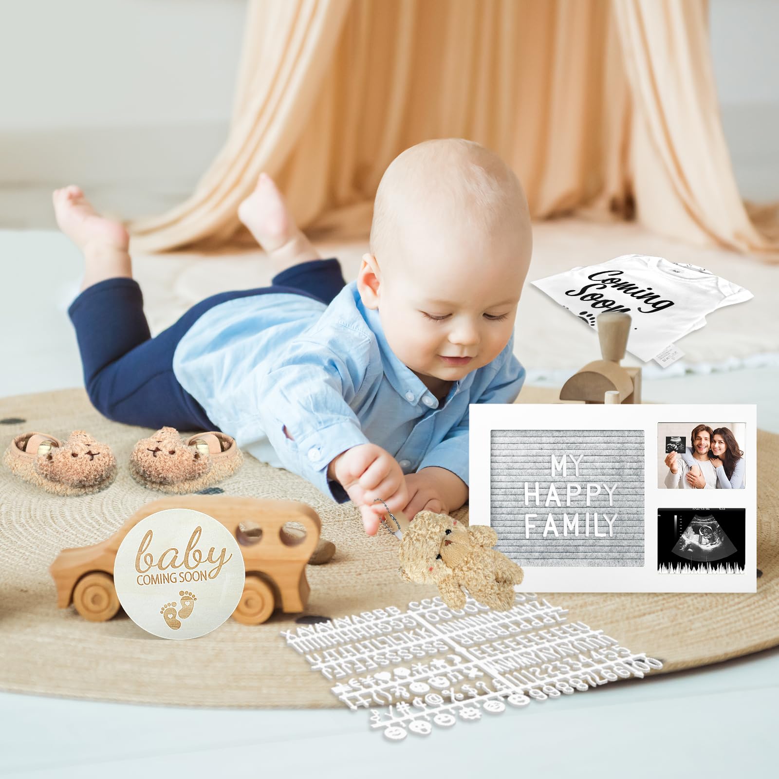 Pregnancy Announcement Kit - Felt Letter Board, Sonogram Frame, Baby Bodysuit & Hat For Gender Reveal