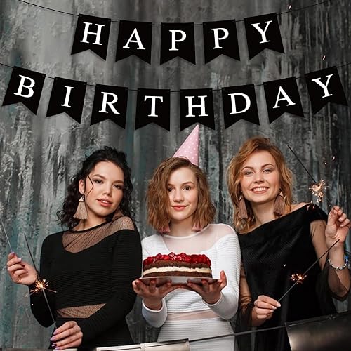 Miniatura 2 de Hooqict Cartel de feliz cumpleaños negro para telón de fondo, decoraciones de cumpleaños negras para hombres y mujeres, suministros de fiesta