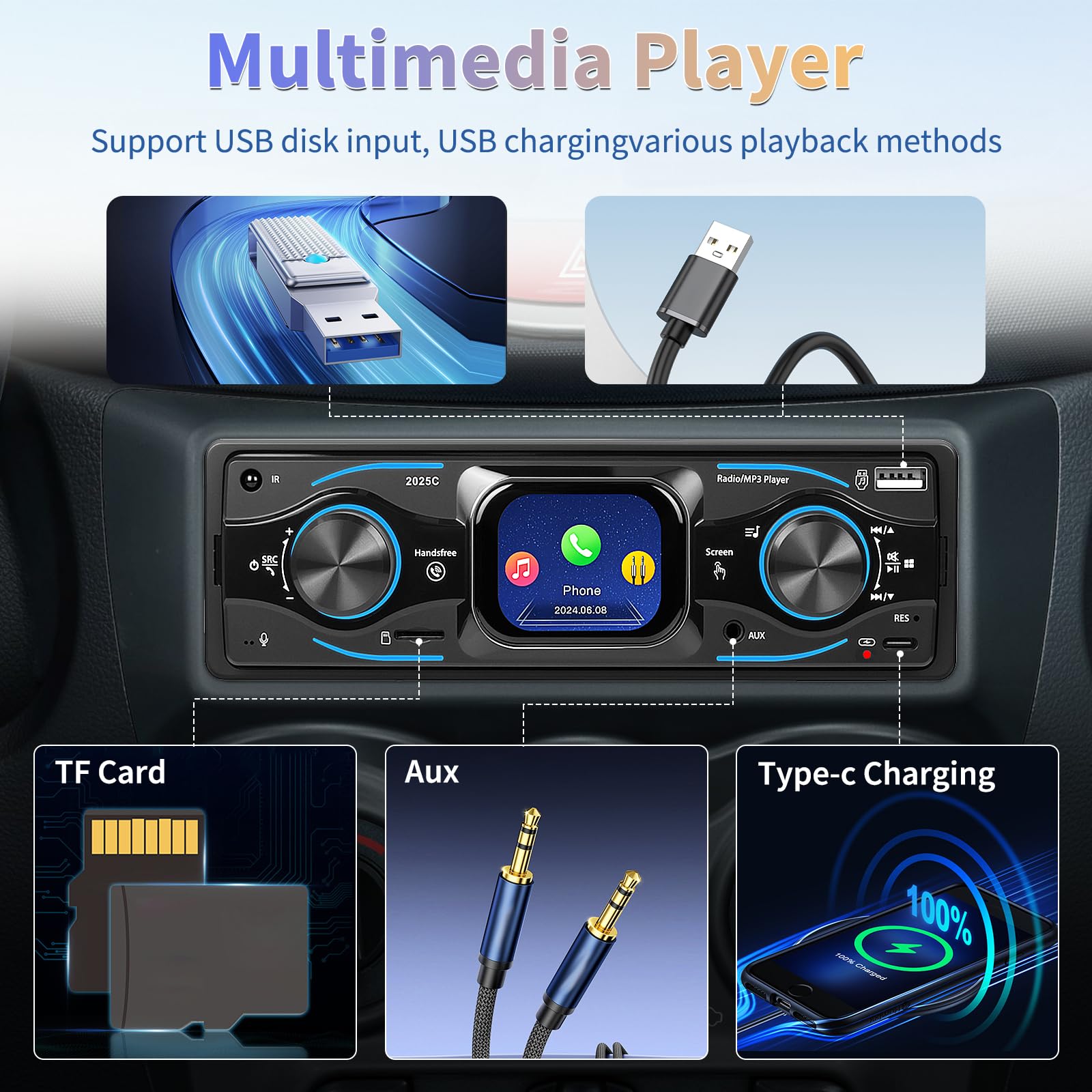 Hikity 1 Din Autoradio mit Touchscreen, Radio 1 DIN mit FM, Bluetooth,USB/SD/AUX-IN, Freisprecheinrichtung, Unterstützt 7 Farben Beleuchtung und Schnellladung