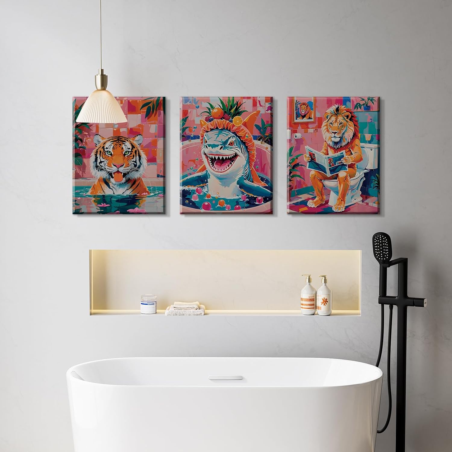 Funny Animals Wall Art Canvas Prints Pink Bathroom Wall Decor,Lion Tiger Shark Framed Art Poster Restroom Aesthetic Artwork Decoration Set of 3 (12x16 Inch)