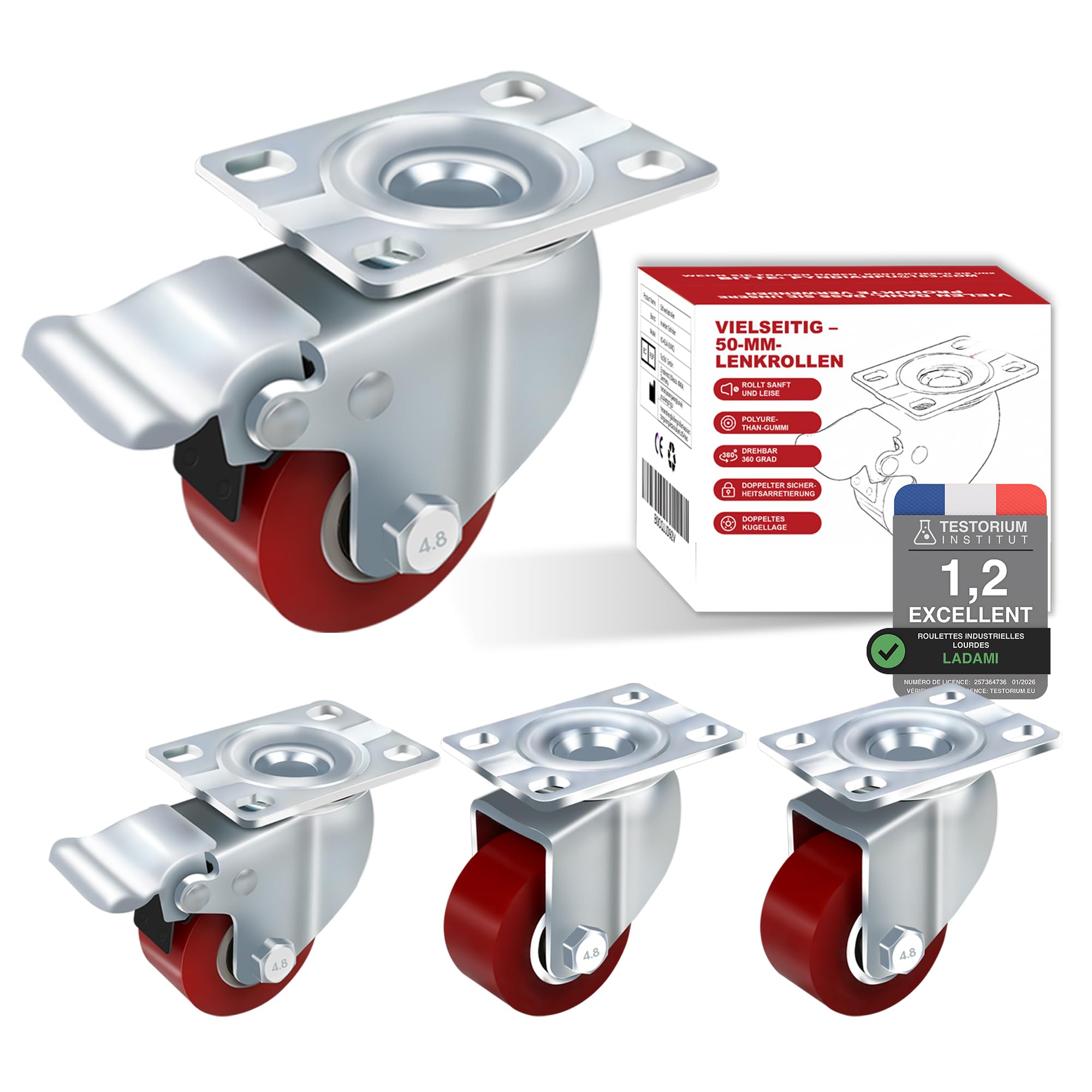 Lot de 4 roulettes industrielles de 50 mm, 1000 kg, silencieuses, plaque en polyuréthane, roulettes pivotantes avec frein, étrier en acier pour transport d’usine et tramway