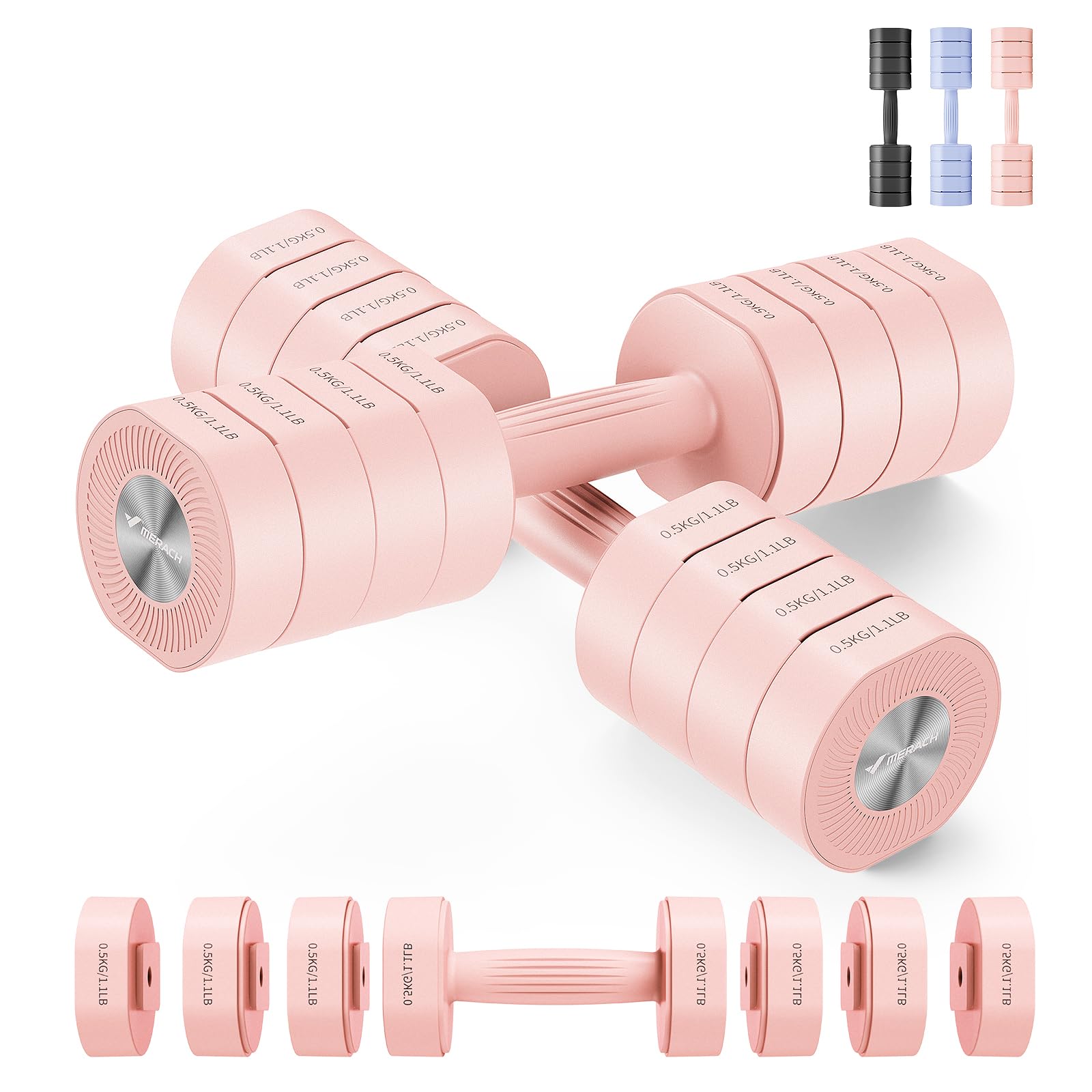 Merach Manubri Regolabili，Set di 2 Manubri Palestra Casa, Pesi Palestra Casa 4 in 1, 1-4KG Manubri Palestra Regolabili, Dumbbells per Allenamento della Forza, Fitness per Uomini/Donne