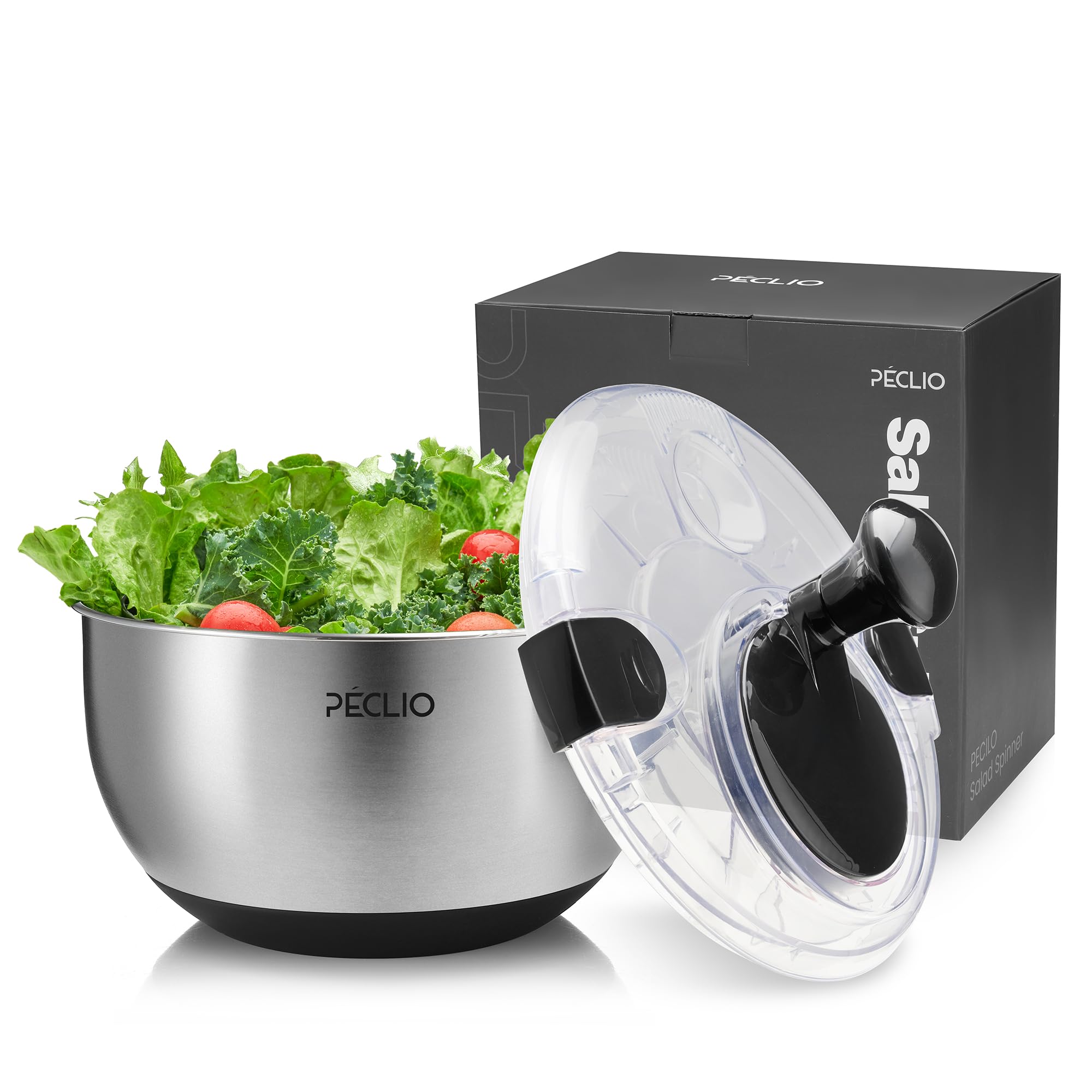 SveBake Essoreuse à Salade 5,3 L En Acier Inoxydable – Bouton D'Arrêt One-Touch, Couvercle Transparent, Égouttoir Pratique, Anti-Dérapante & Lave-Vaisselle
