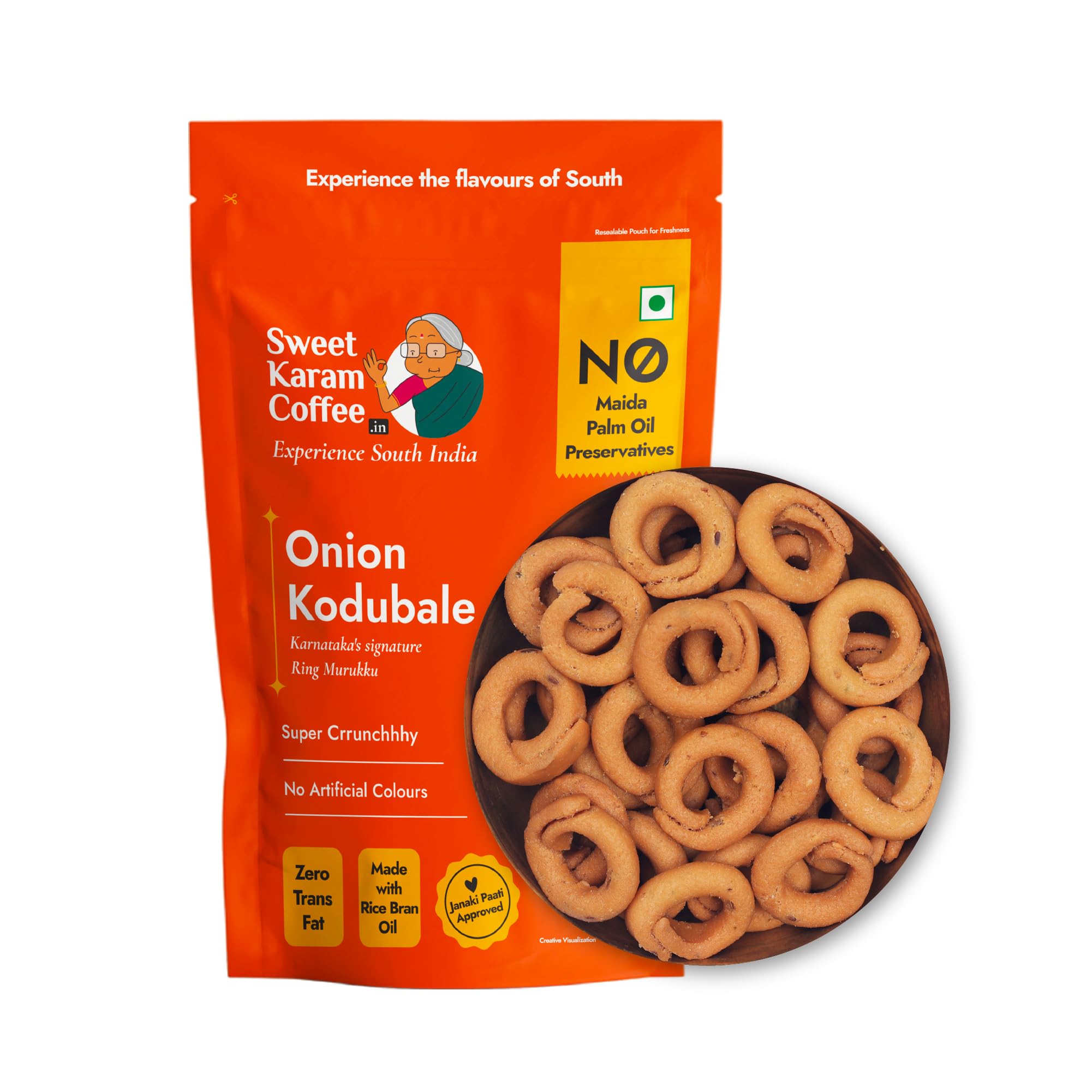 Sweet Karam Coffee Onion Kodubale (Ring Murukku) – 200grams | No Maida, Palm Oil or Preservatives | Authentic South Indian Chakli Snack | Crispy Tea-Time Namkeen | Homemade & Flavorful Recipe