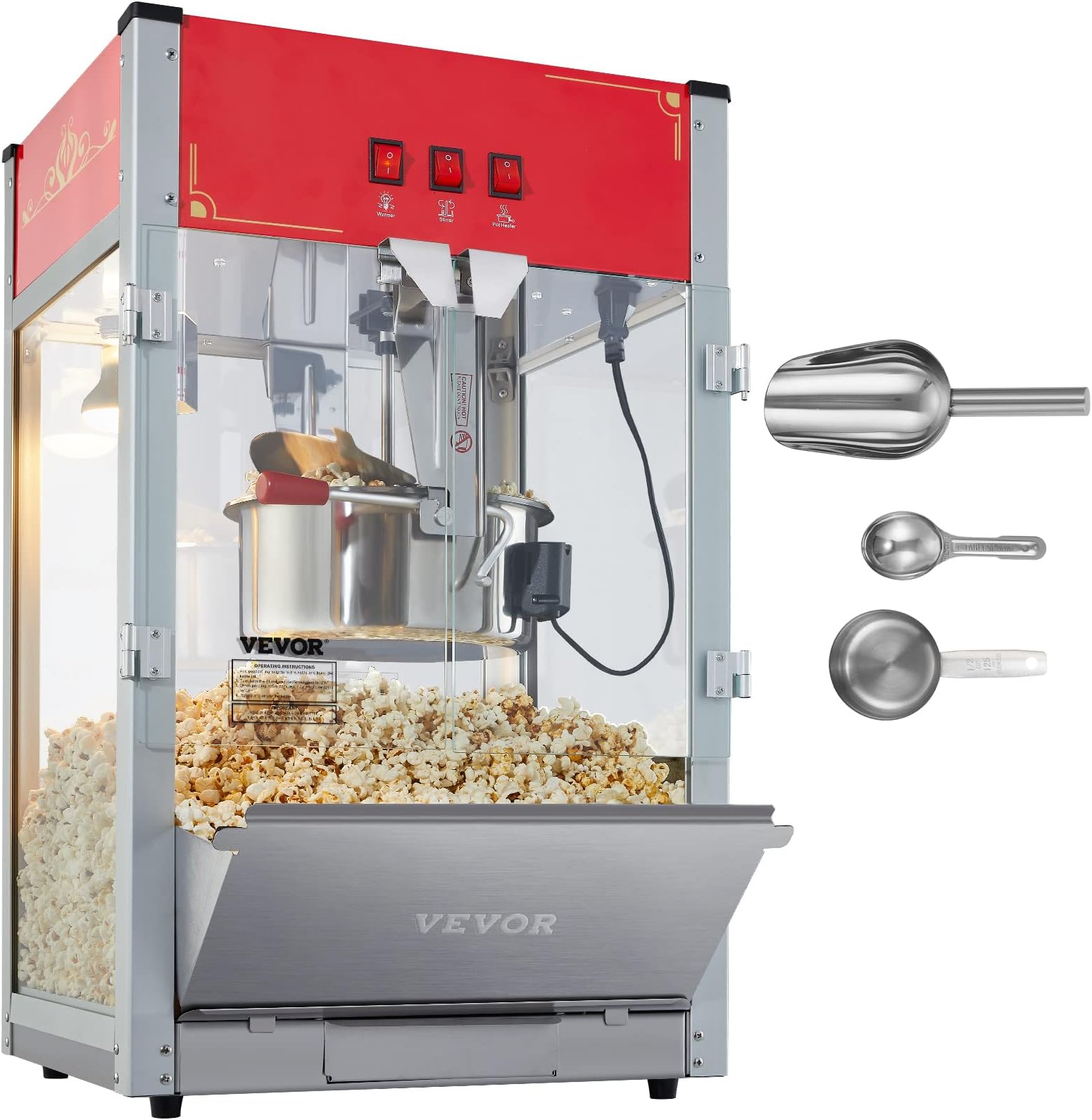 VEVOR Commercial Popcorn Machine, 12 Oz Kettle, 1440 W Countertop Popcorn Maker for 80 Cups per Batch, Theater Style Popper with 3-Switch Control Steel Frame Tempered Glass Doors 1 Scoop 2 Spoons, Red