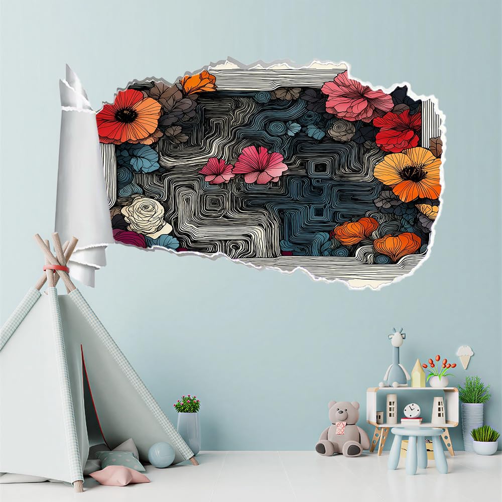 Sticker Mural 3D Décor De Chambre Décalcomanie De Chambre À Coucher Fleurs Printanières Tatouage Mural Lignes Abstraites Autocollant De Décor Pour La Décoration Peintures Murales
