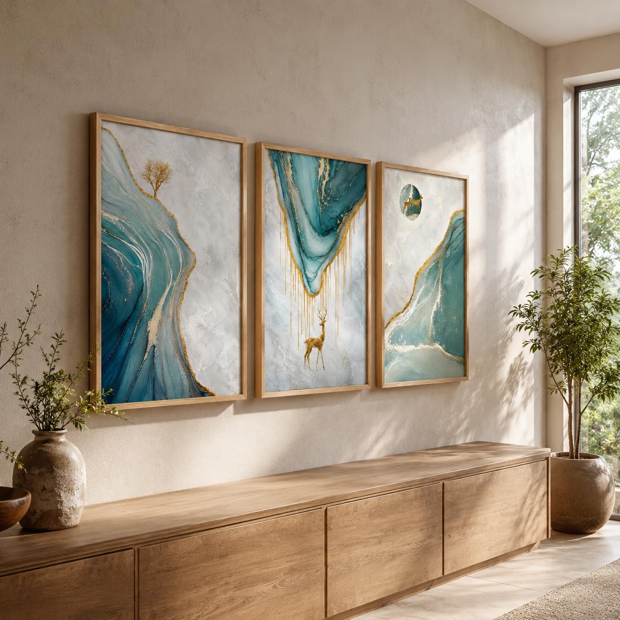 Livin'luxe Set of 3 Blue Marble Deer Abstract Wall Photo with Frames for Living Room Bedroom Home Decor with Premium Wooden Color Synthetic Frame-image-2