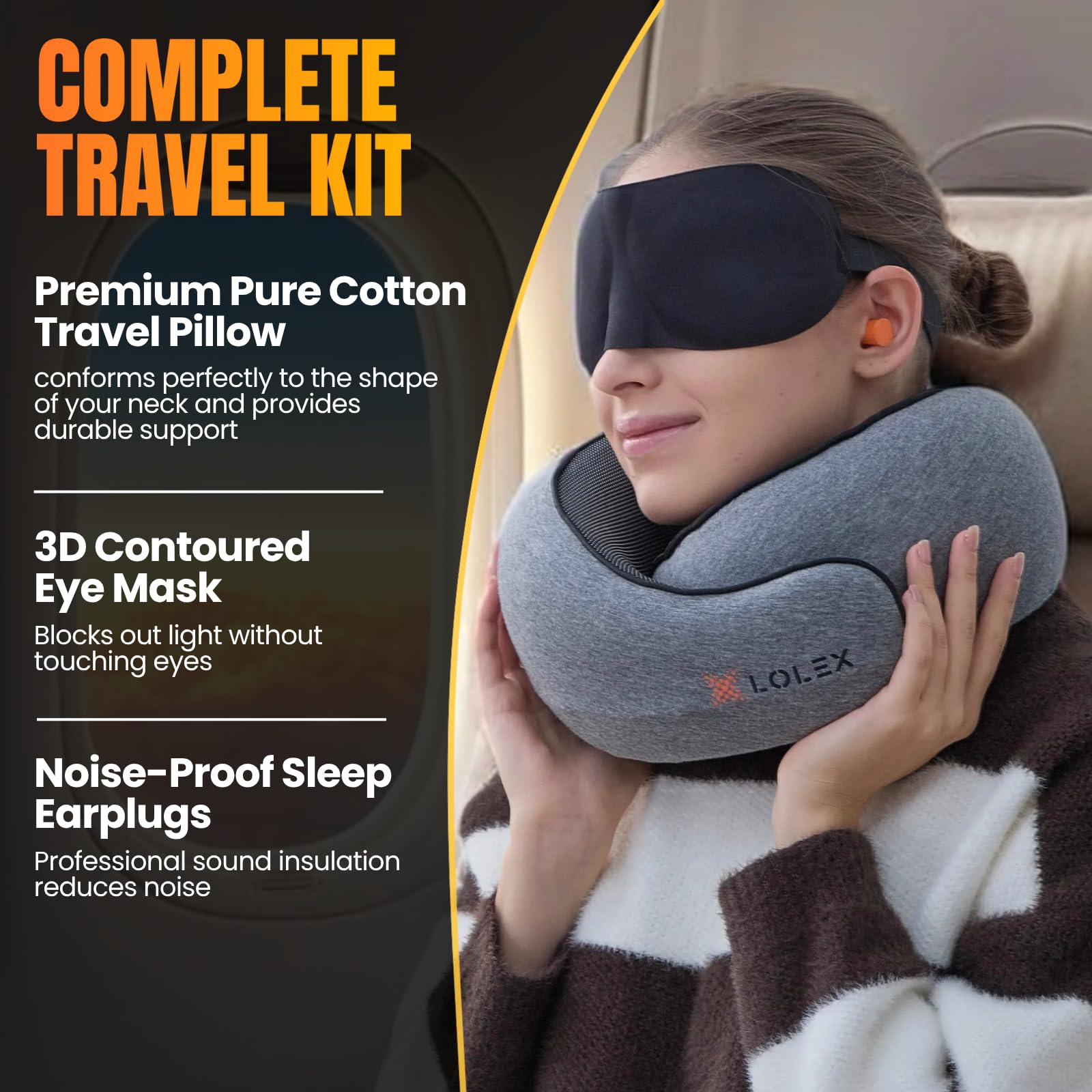 LOLEX™ Almohada de viaje, almohada de cuello de viaje, almohada de cuello de viaje para avión con máscara de ojos, almohada de espuma viscoelástica de algodón puro, almohada de avión para viajes