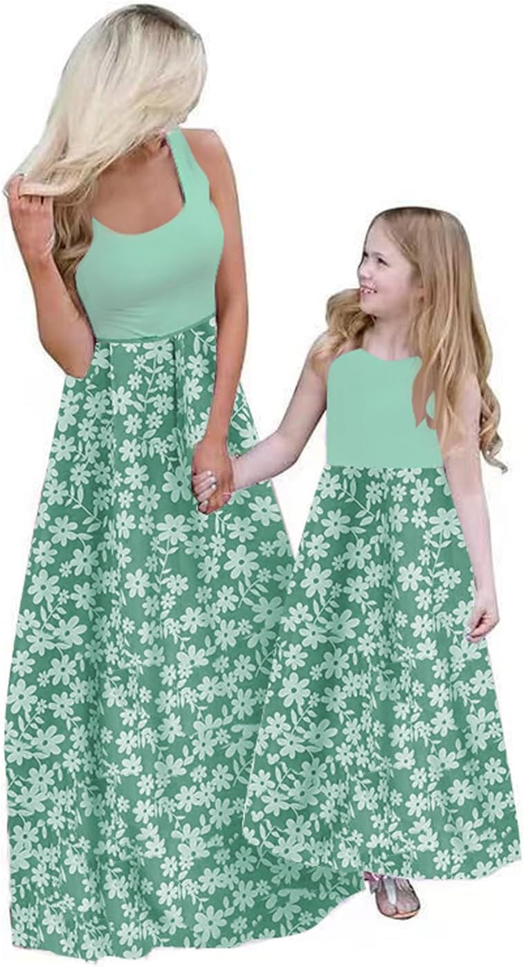 Mommy and Me Family Outfits,Sleeveless Casual Floral Dress with Pockets for Motner's Day