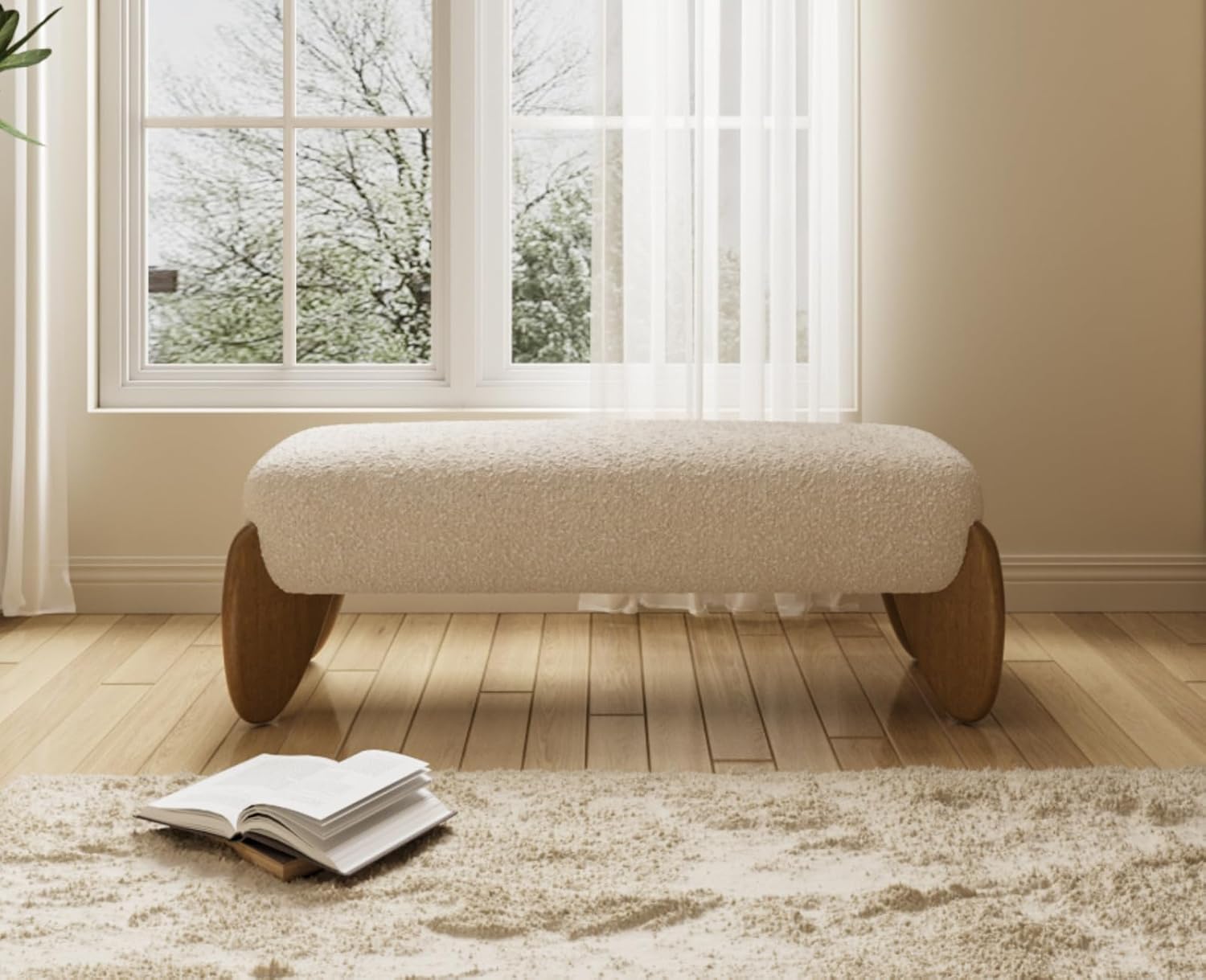 CIMOTA Boucle Entryway Bench: Modern Beige Sherpa Padded Seat, Scalloped Wood Legs, 50 Inch for Bedroom Hallway Mudroom