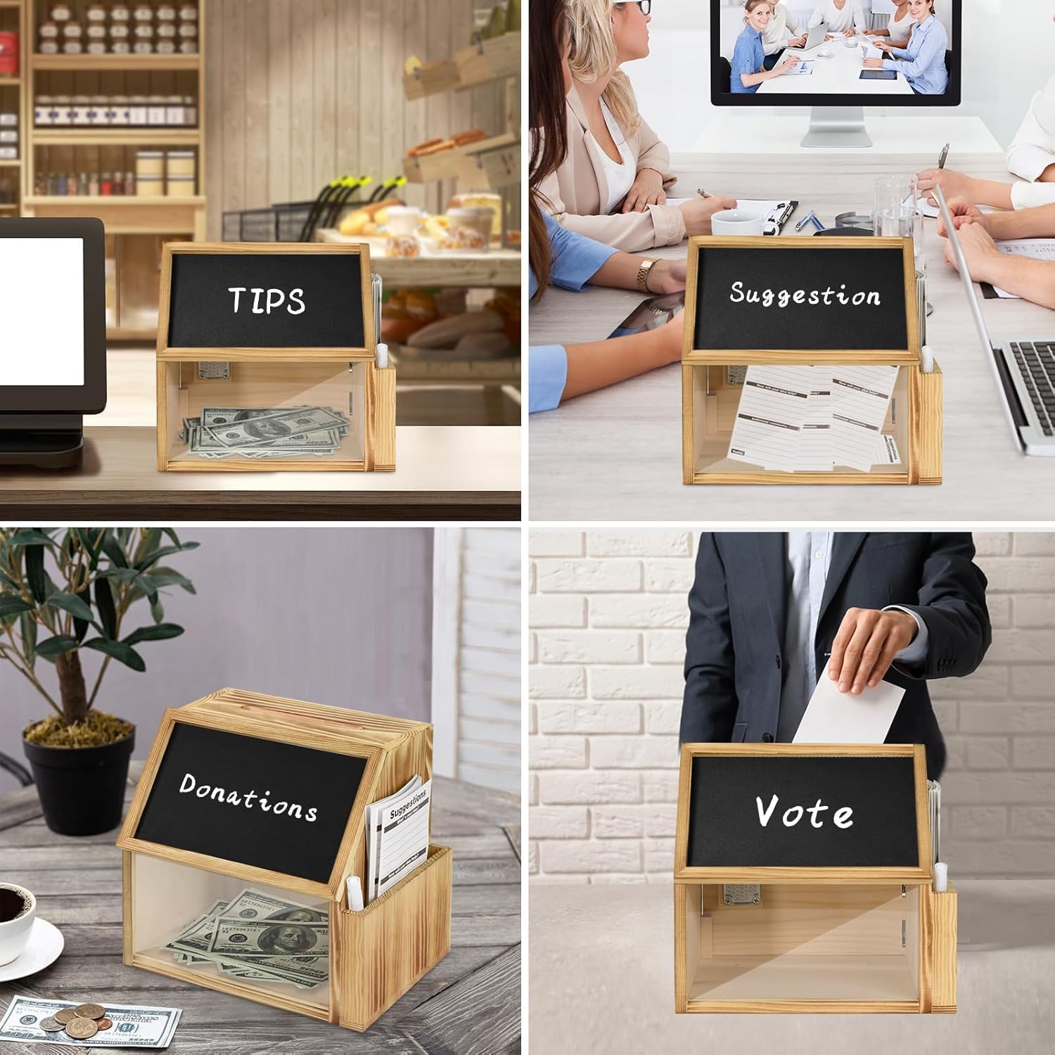 Holz-Vorschlagsbox mit Schloss,Spendenbox/Wahlurne mit Schlitzschloss und Kreidetafel, Geldbox für Trinkgelder, Vorschläge, Stimmzettel und Kommentare, inklusive Schlüsseln,Vorschlagskarten,Stift
