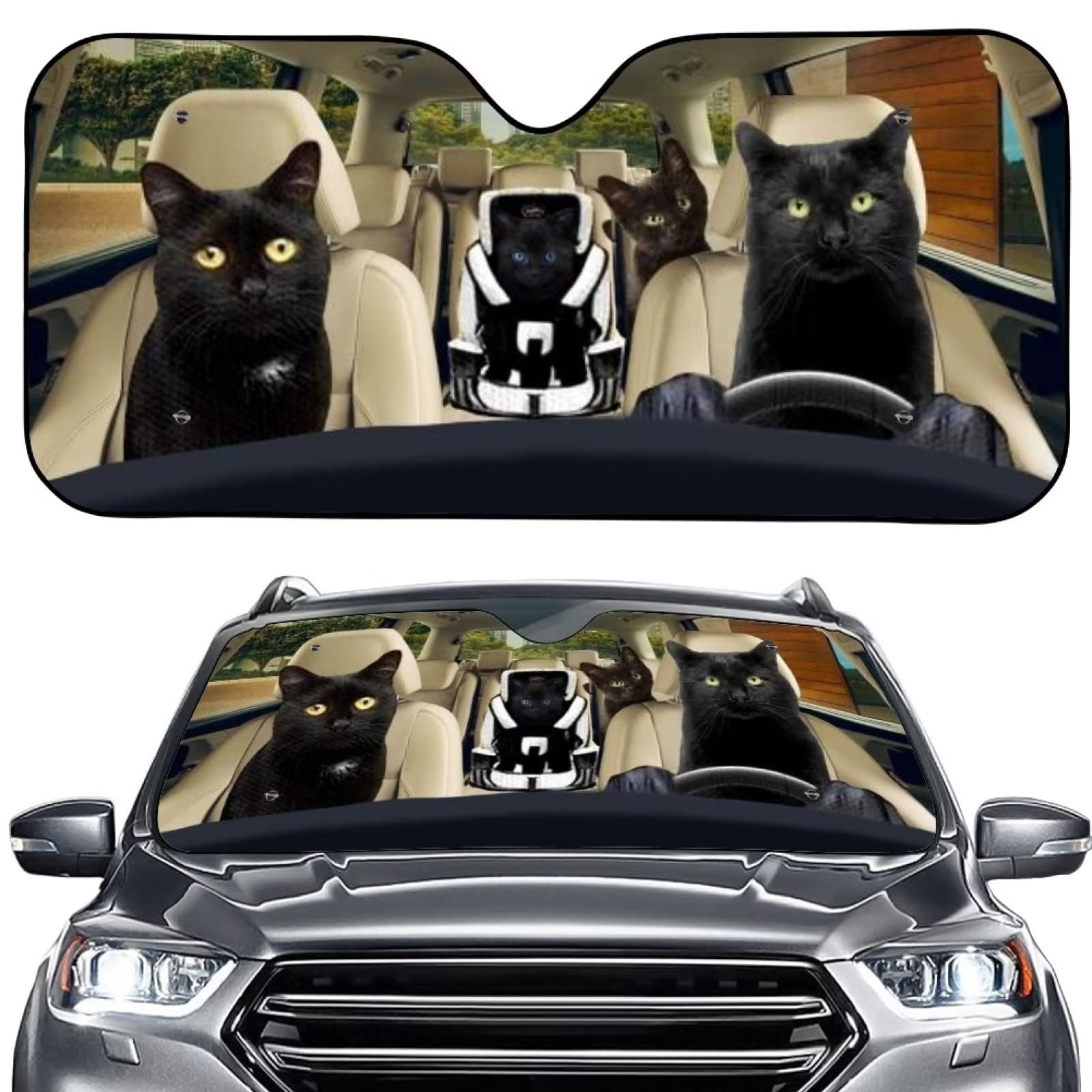 JOAIFO Car Windshield Sun Shade Funny Cat Driver Pattern Windshield Sun Shade for Most Sedan SUV Trucks,Foldable Sun Shade for Car Windshield,Cute Car Shade Front Windshield