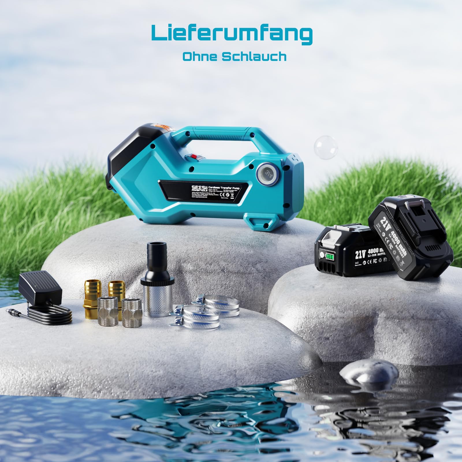 Seesii Pompa di trasferimento senza fili per acqua/diesel, 2880 l/h, autoadescante, batteria 2 × 4000 mAh, pompa elettrica portatile per camper, giardino, vasca idromassaggio, piscina, stagni, acquari