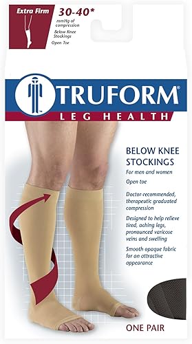 Miniatura 6 de Truform Medias de compresión de 30-40 mmHg para hombres y mujeres, longitud alta hasta la rodilla, puntera abierta, color negro, talla M