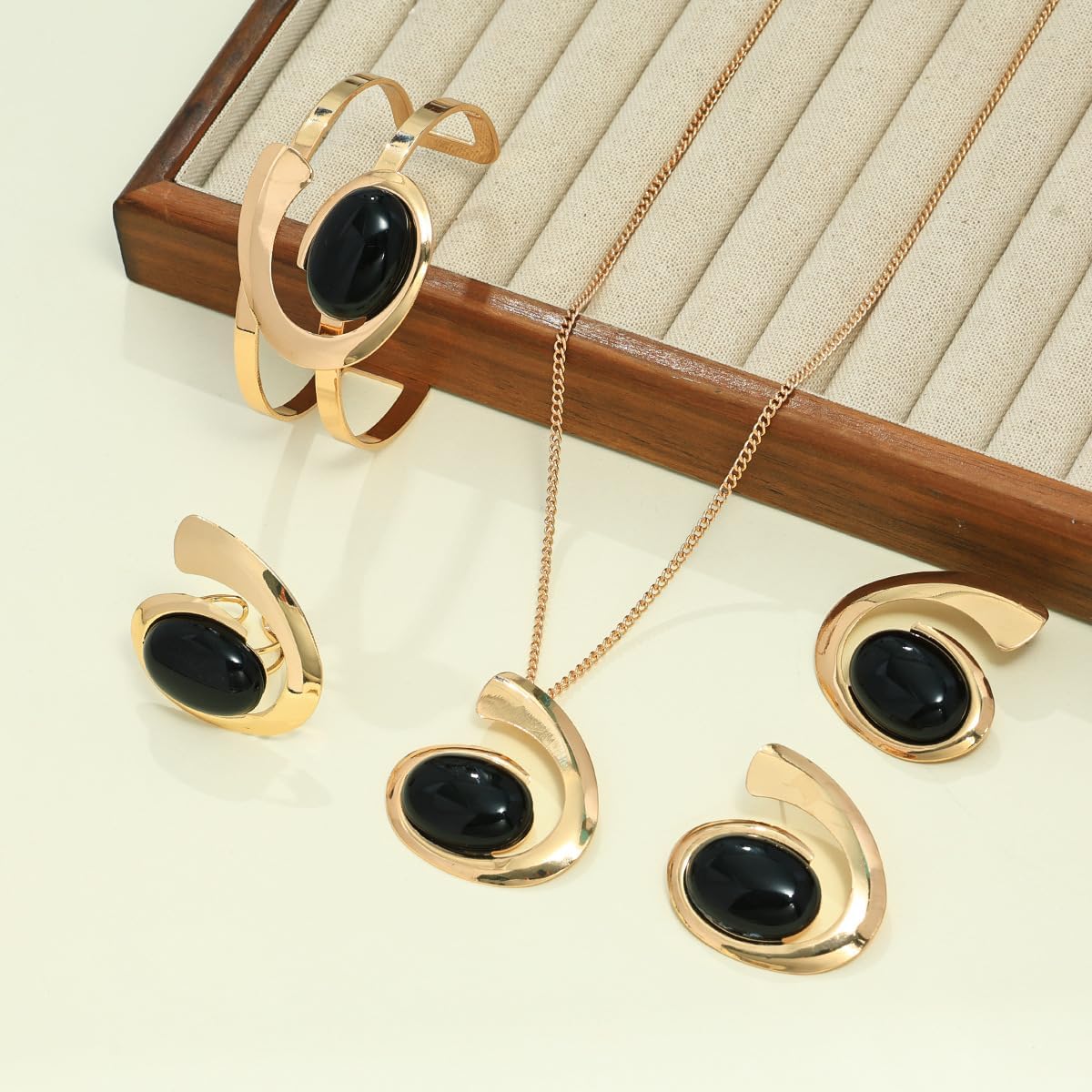 Vintage Gold Open Bracelet Ring Set Bohemian Oval Black Pendant Necklace Earrings Bracelet Ring Trendy Minimalist Gold Jewelry Set for Women - Image 3