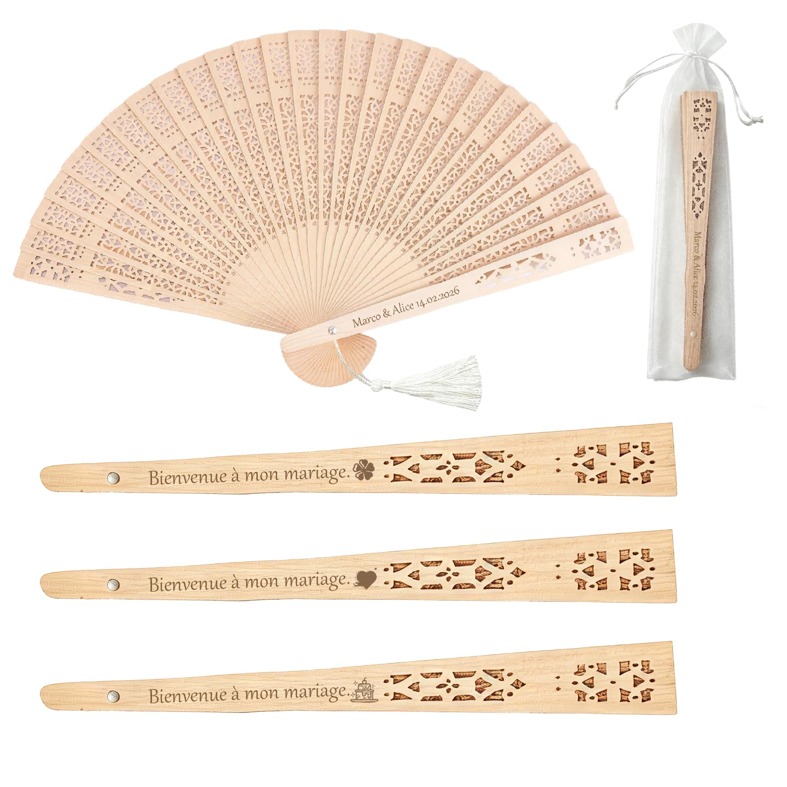 Éventails de mariage personnalisables en bois avec pompon et sac organza x20