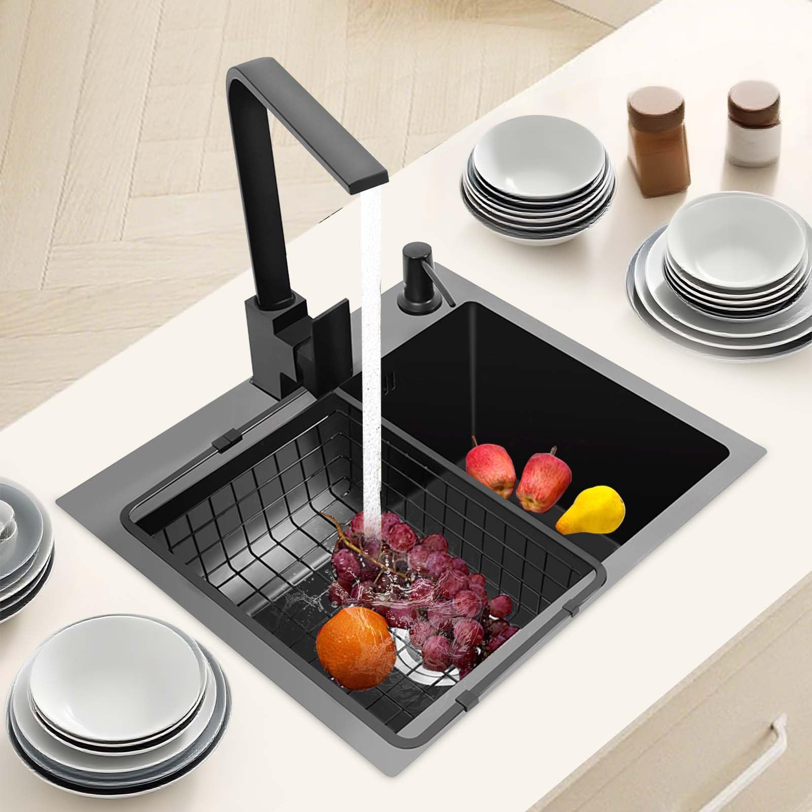 Negro 40 x 45 cm, fregadero de cocina de acero inoxidable 201, rectangular, moderno fregadero de acero inoxidable, fregadero de cocina con grifo de agua caliente y fría, dispensador de jabón
