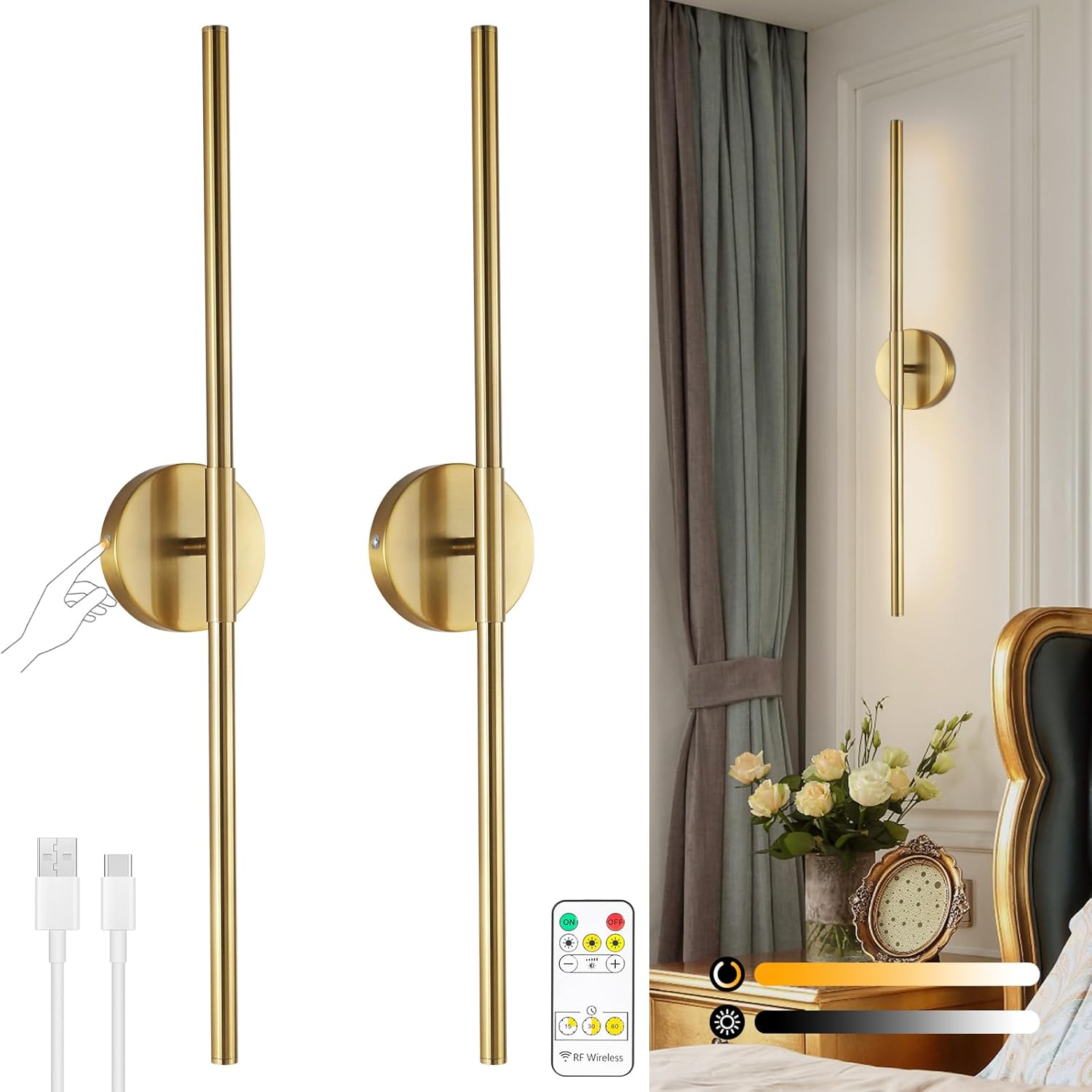Wireless Battery Operated Wall Sconces with Remote, Gold Rechargeable Led Wall Lights Set of Two, Cordless Dimmable Battery Powered Wall Lamp Decor for Bedroom Living Room, 3 Color, 28 Inch Gold-28IN
