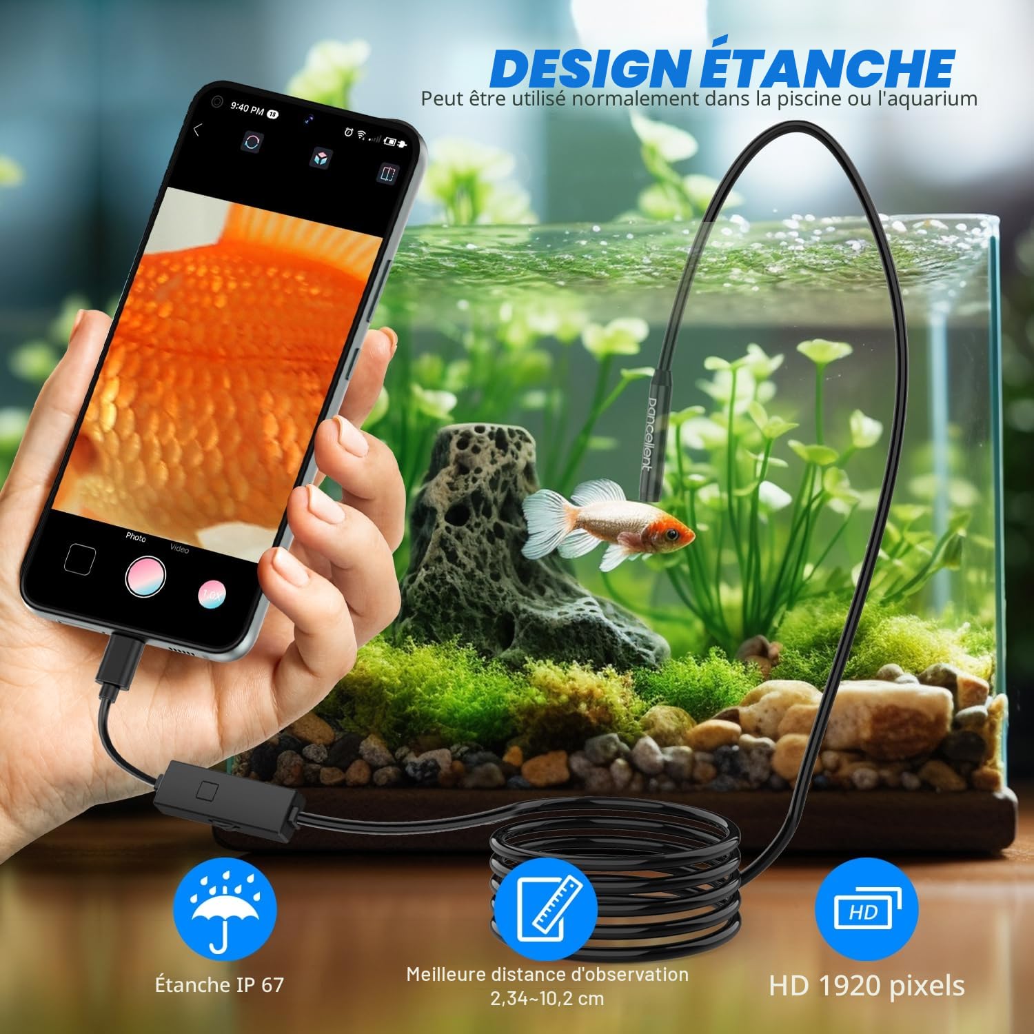 Endoscopique d'inspection Serpent Double Objectif 1920P, Endoscopique Pancellent Type C, Caméra avec 8 Lumières LED pour Smartphone Android et iOS, IPhone, IPad, Samsung (5 M)
