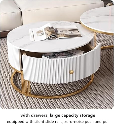 Miniatura 5 de Mesa Slate - Juego de 2 mesas auxiliares anidables con 1 cajón y metal resistente y patrón de mármol blanco, mesa auxiliar redonda para sala de