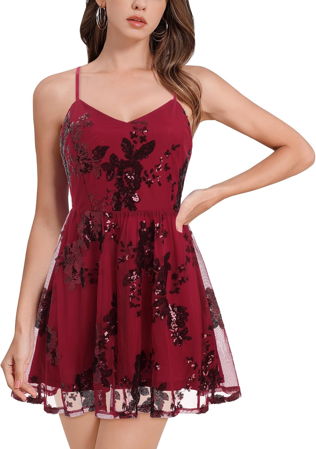 ODIZLI Women's Spaghetti Straps Sparkly Sequins A Line Swing Party Nightclub Dance Mini Dress Above Knee Length - Image 2