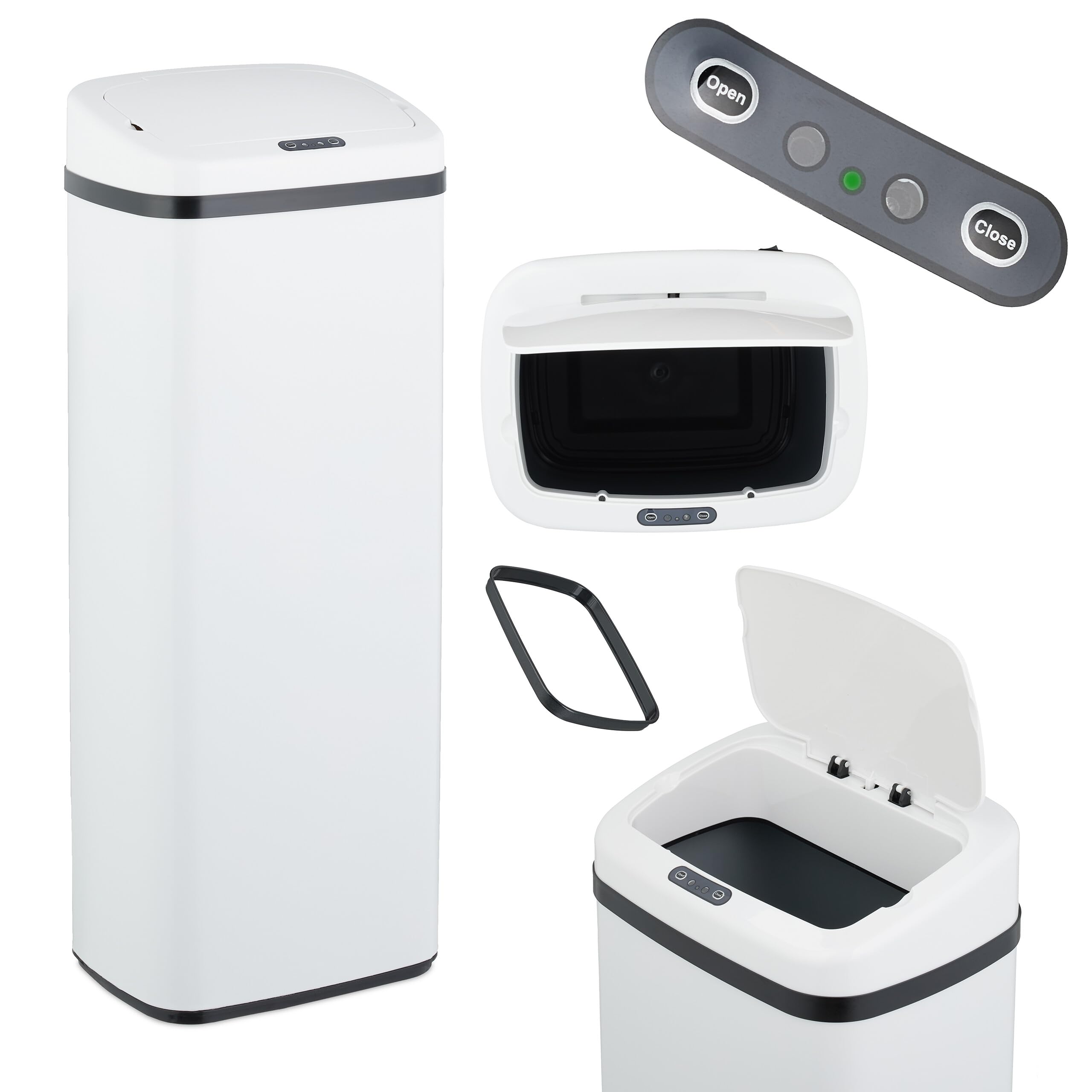 Relaxdays Cubo de Basura Cocina con Sensor, 50 L, Tapa Eléctrica, Soporte para Bolsas, Papelera Automática, Blanco, Acero, Plástico