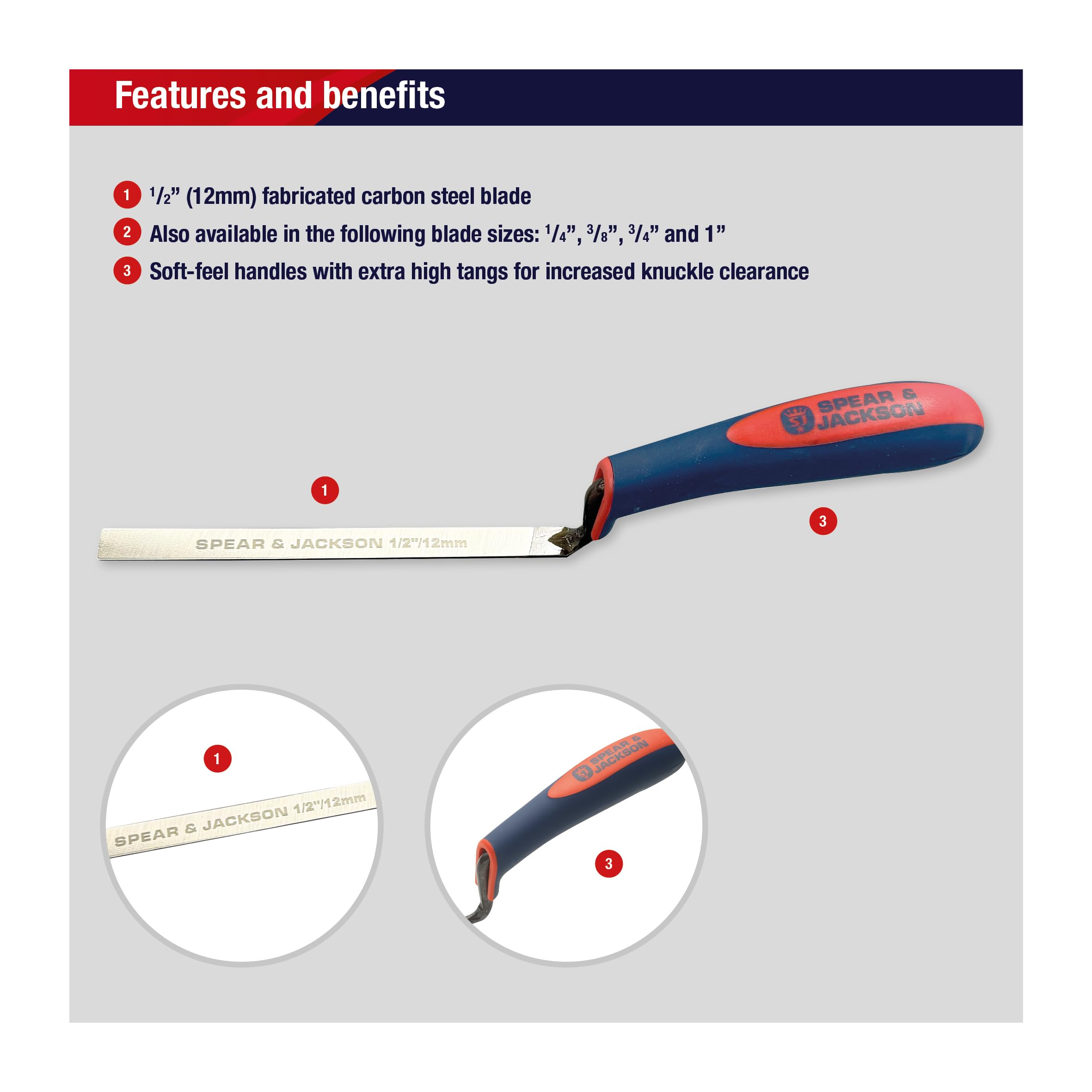 Spear & Jackson TUCK12SF Grout Trowel 1/2" (12mm) - Carbon Steel Blade with Soft Handle for Mortar Joints, Repair and Restoration - 2