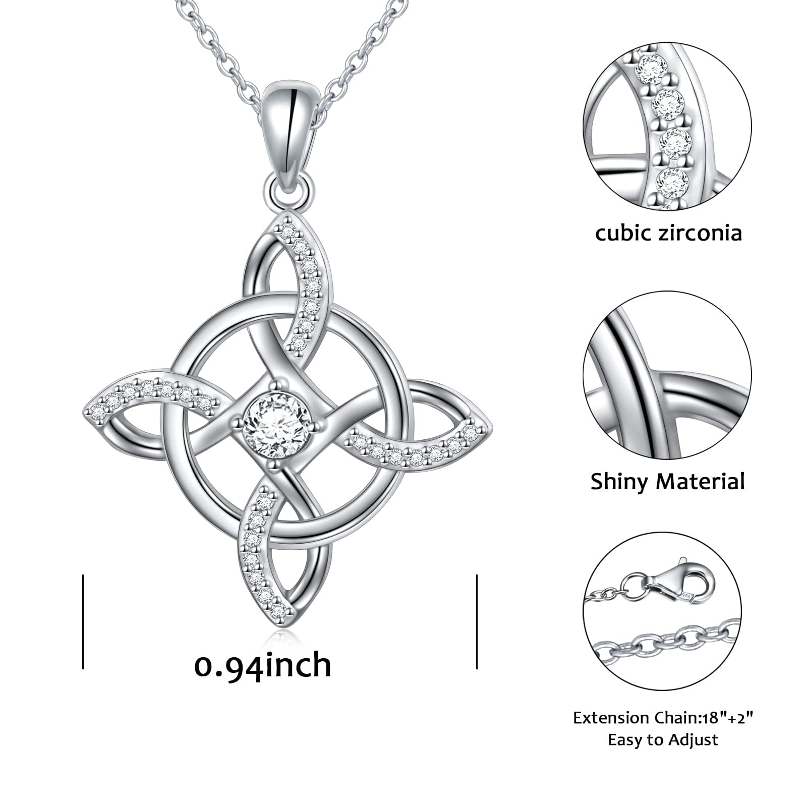 Flyow Collana con nodo da strega, in argento Sterling 925, portafortuna, con ciondolo a forma di nodo celtico irlandese, da donna, per compleanno, Natale, idea regalo
