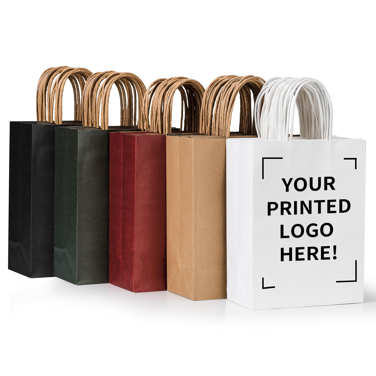 METAPRINT 300 PCS Custom Printed Kraft Paper Bags for Small Business, 5.8 * 3.2 * 8.25 Inch Small Size, Personalized Retail Gift Bags with Logo, Brown White Shopping Paper bag with Handle, Goodie Bag
