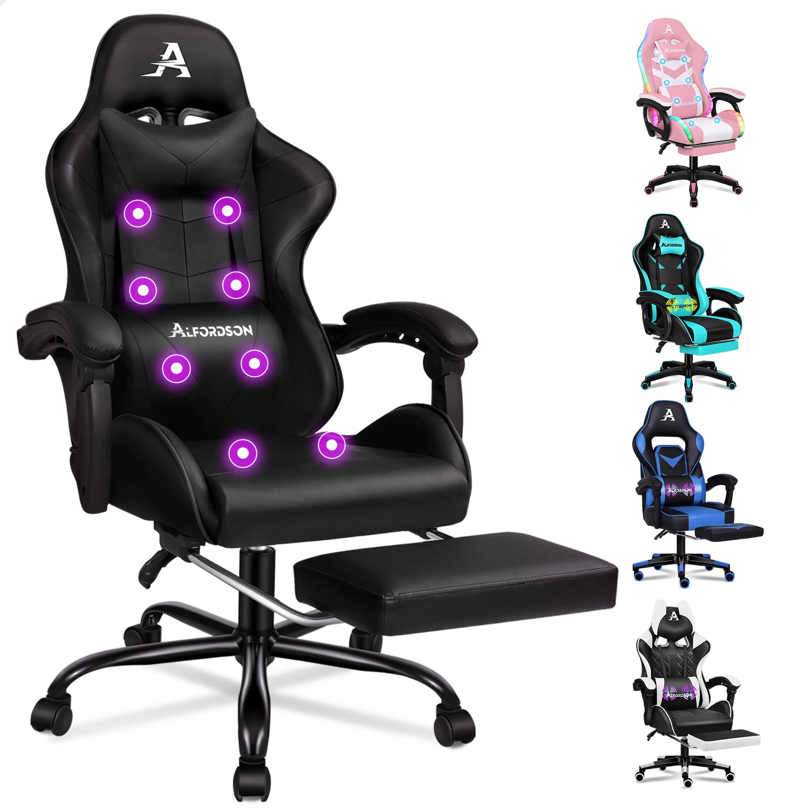 ALFORDSON Sedia Gaming Massaggiante, Sedia Professionale Gamer con Poggiatesta e Cuscino Lombare, Ergonomico Poltrona da Ufficio Schienale Regolabile 90-150°, Portata 180 kg, Similpelle(Nera)
