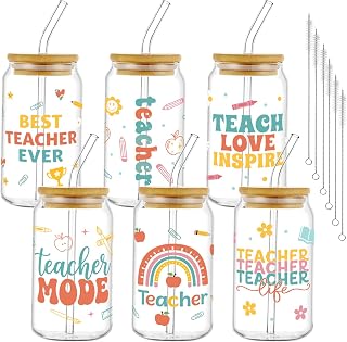 Glass Cups with Lids and Straws, 6Pack, 16oz, Teacher | Life Appreciation Best Cute Coquette Drinking Glasses Straws Tumbler for Women Girls Friend Bridesmaid Birthday Party Gifts