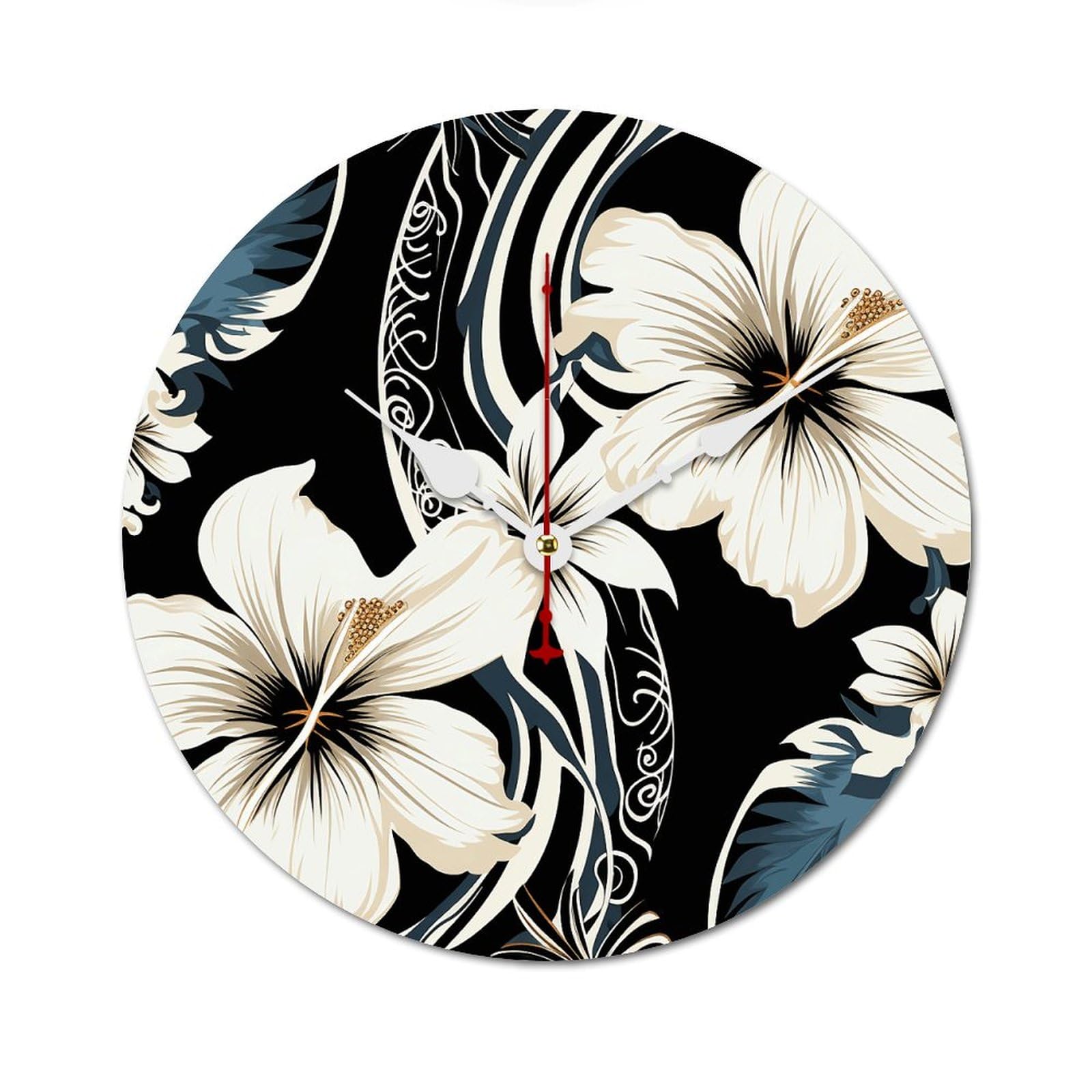 Horloge murale en bois décorative moderne premium ronde fleurs hawaïennes