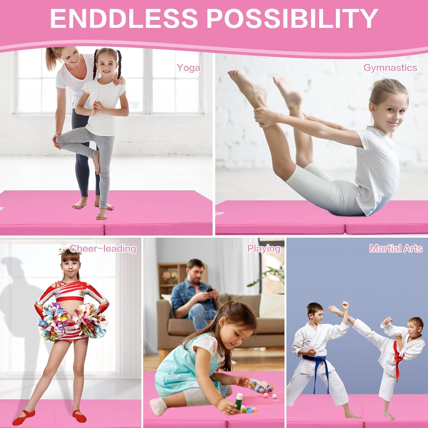 Kids Cartwheel and Beam Training Folding Mat 2-Folding Exercise Mat, 6'X2'X1.6" Foldable Gymnastics Mat, Home Gym Tumbling Mat with Carrying Handles, EPE Foam, 2 Panel, Waterproof, Versatile Use for Fitness Aerobics Stretching