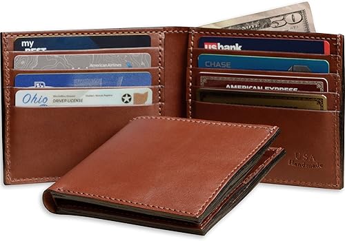 Miniatura 2 de Cartera plegable de cuero de grano completo para hombre, 3 opciones de color, fabricada en Estados Unidos, Marrón medio, 8 Card Slots