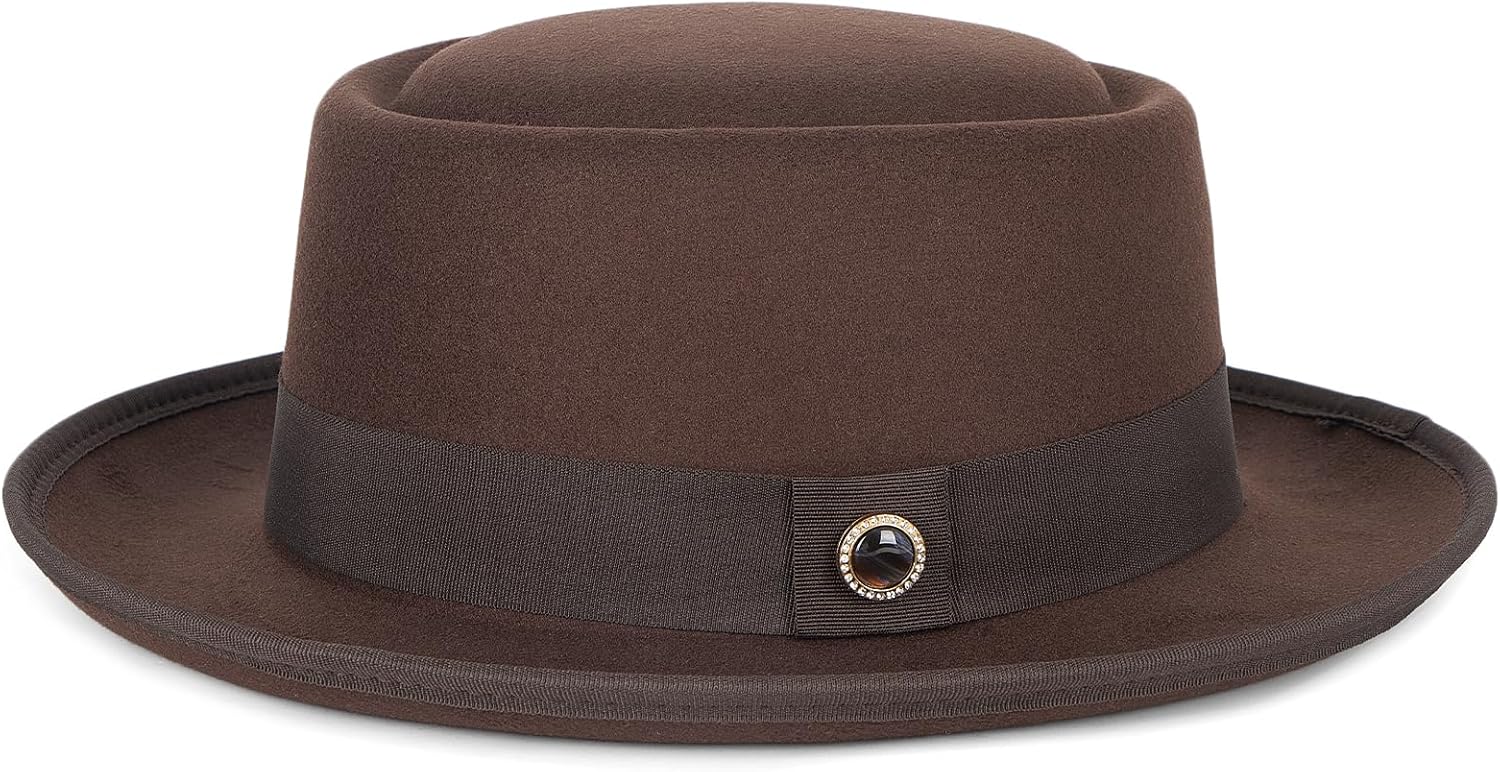 FADACHY Fedora Hats for Men & Women Pork Pie Hat Flat Top Felt Hats Panama Wide Brim Dress Hat