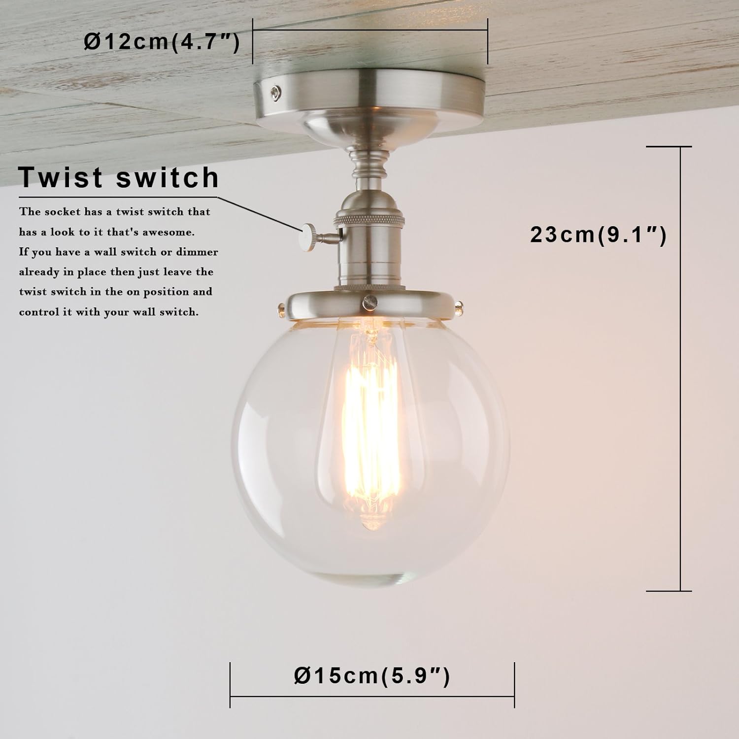 Rеvіеw Permo Vintage Industrial Mini 5.9 Round Clear Glass Globe Semi Flush Mount Ceiling Light Fixture (Brushed)