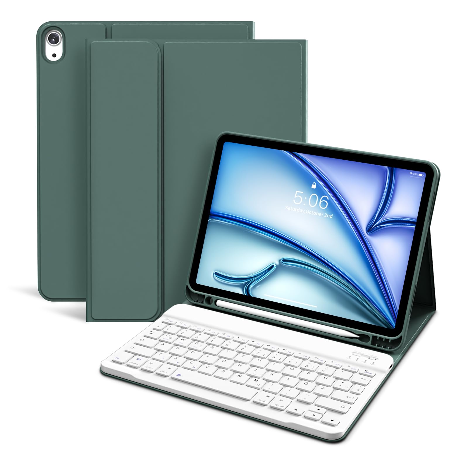 KVTVOU Tastatur Hülle für iPad Air 11 (2026 M4 /2025 M3 /2024 M2), iPad Air 5./4. Generation 10,9 Zoll 2022/2020, Magnetisch Bluetooth QWERTZ Tastatur, TPU und PU Stoßfeste Tragbar Hülle, Dunkelgrün