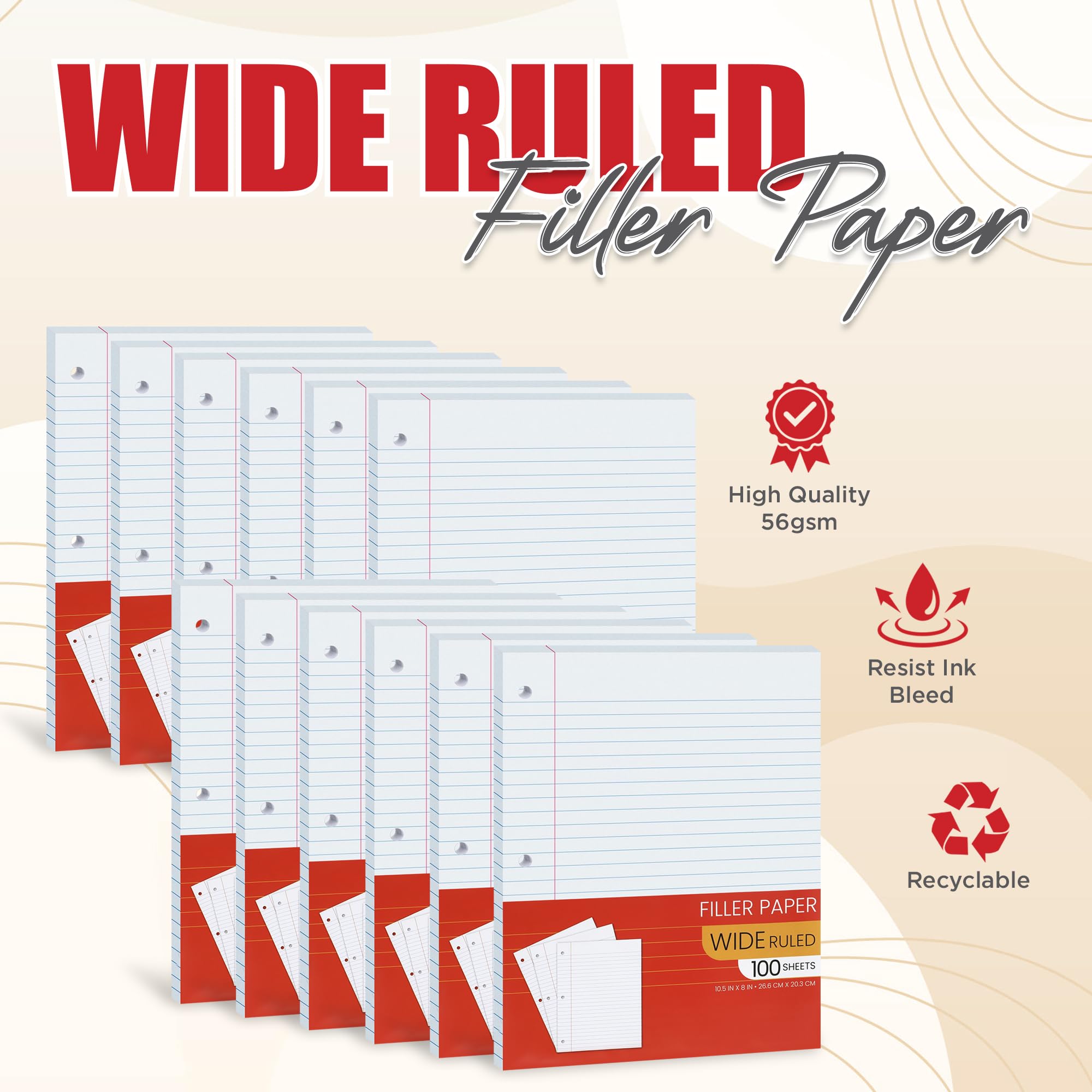 Carta per quaderni a righe larghe, fogli sfusi, carta a righe larghe per quaderni, carta riempitiva a righe per raccoglitori a 3 anelli, 26,7 x 20,3 cm, per studenti, università, scuola, aula - 100