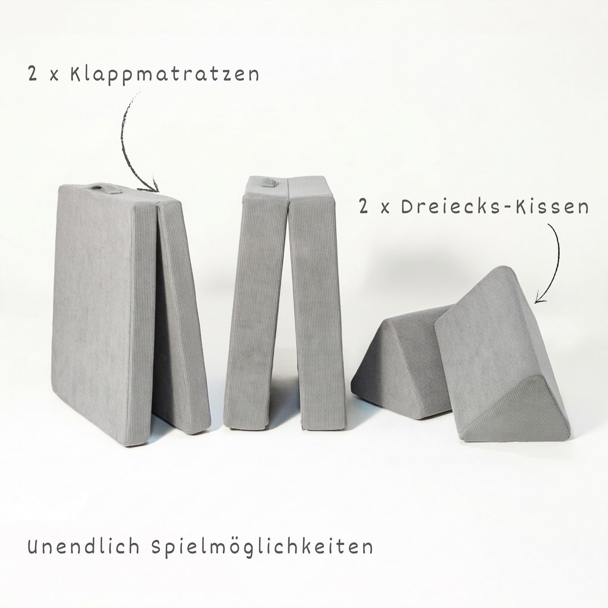 malwim Spielsofa für Kinder - 4-teiliges Set aus Premium Cord - Handgefertigt in EU (Oeko-TEX®) - 150x66cm Spielcouch mit 2 Matratzen & 2 Dreieckskissen - Waschbar & Schadstofffrei - Mausgrau