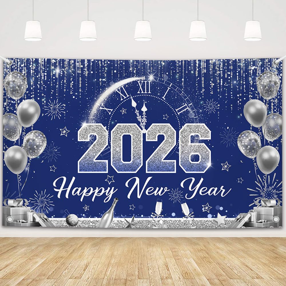 MEHOFOND 6x3.6ft Blue and Silver Happy New Year Backdrop Decor, Cheers to 2026 New Year Eve Glitter Photography Background Hello 2026 Party Champagne Balloon Fireworks Decor Banner Photo Prop