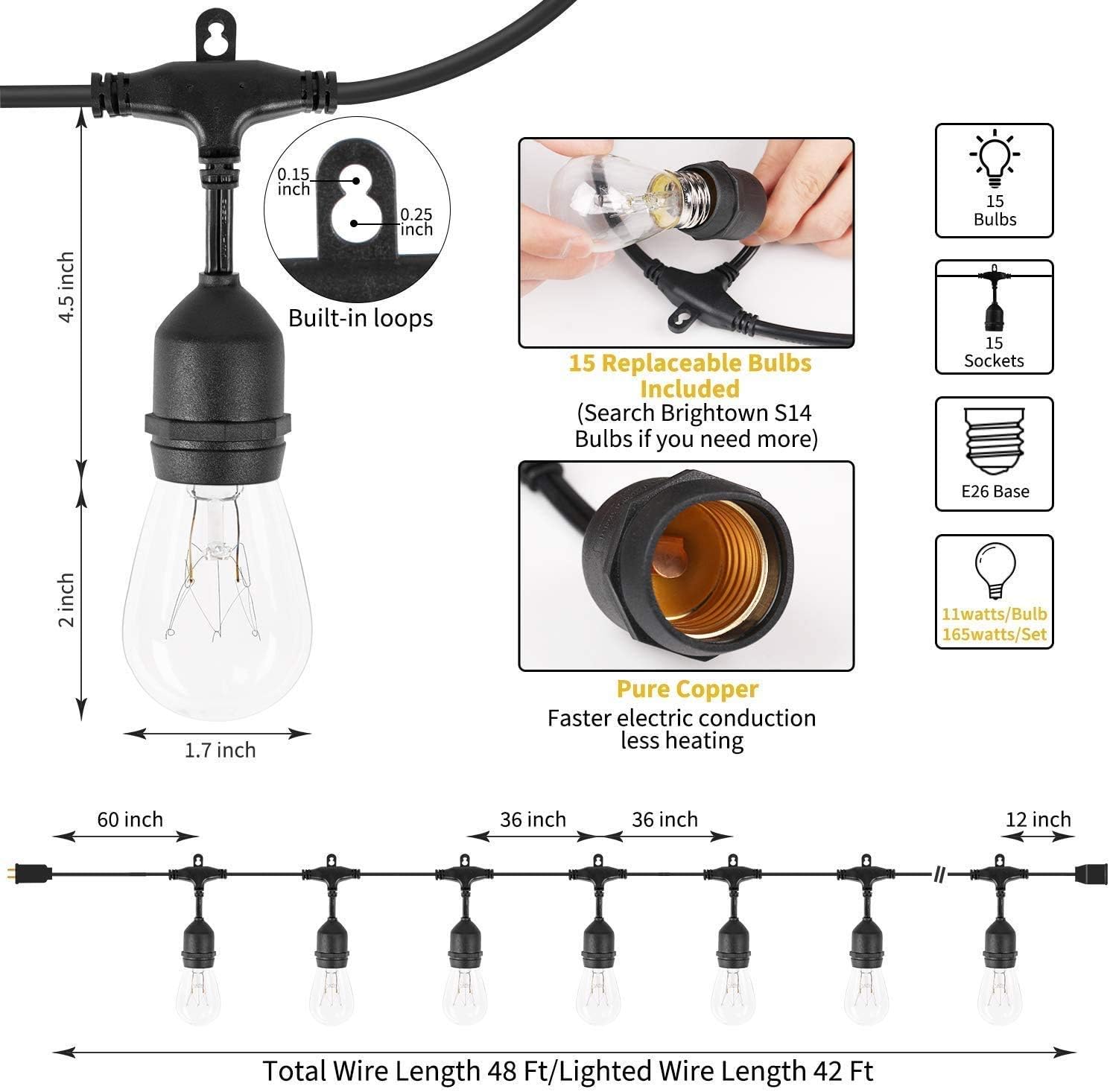 2 Pack Outdoor String Lights 48FT Patio Lights with 15 Hanging Sockets and S14 Edison Bulbs UL Listed Commercial Grade Connectable Weatherproof Strand for Deck Backyard Porch Cafe Wedding Party Black