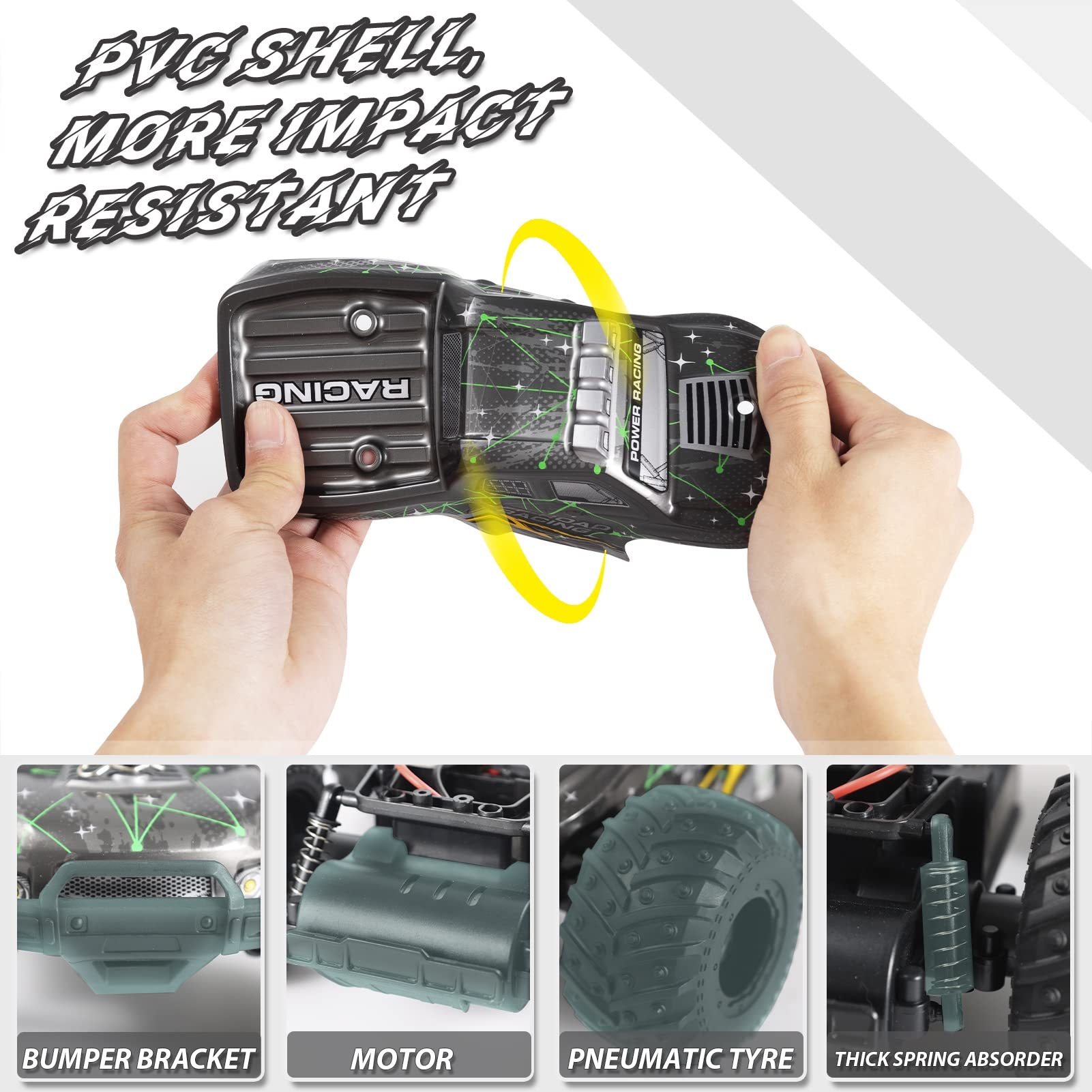 PATEMZON Macchina Telecomandata per Bambini, 2.4GHz Fuoristrada Radiocomandata, Offroad Monster Truck con Luci di Carrozzeria/Due Guscio, Giochi Bambini Gioco Bimbi Regalo Compleanno