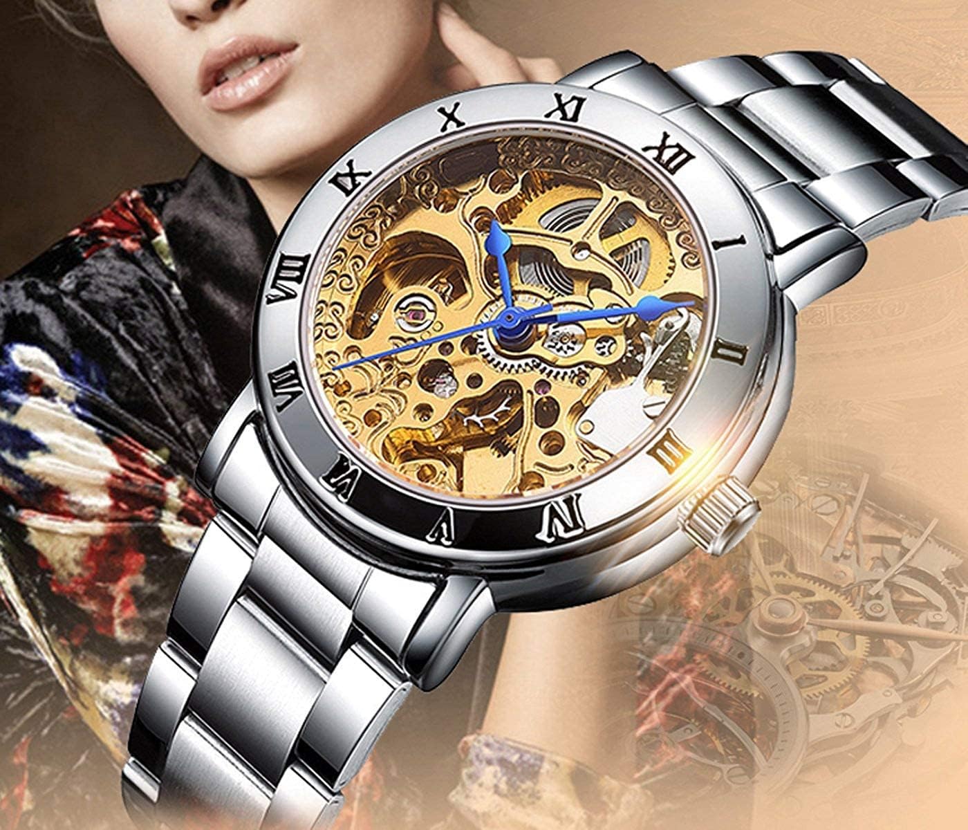 MASTOP Women's Watches Automatic Steampunk Self Winding Mechanical Silver Bracelet Ladies Skeleton Wrist Watch - Image 3