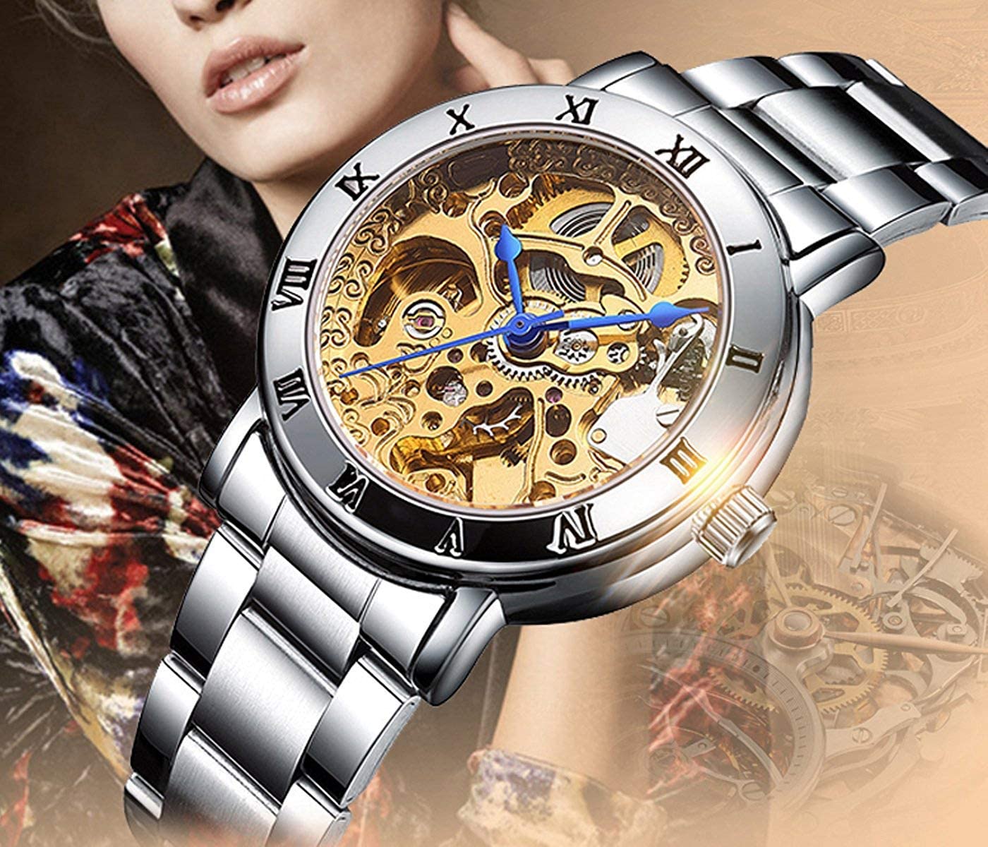 MASTOP Women's Watches Automatic Steampunk Self Winding Mechanical Silver Bracelet Ladies Skeleton Wrist Watch