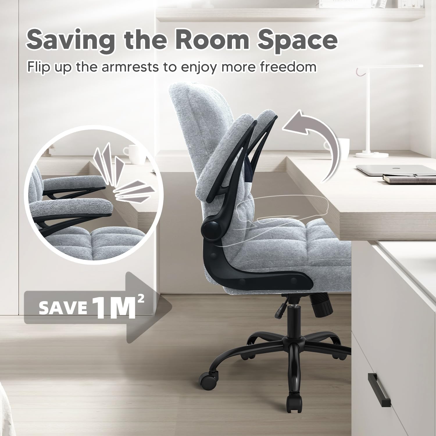 Office Chair with Wheels, Ergonomic Rolling Desk Chair with Flip-up Armrest, Adjustable Home Office Computer Chair Teddy Fleece – Light Gray