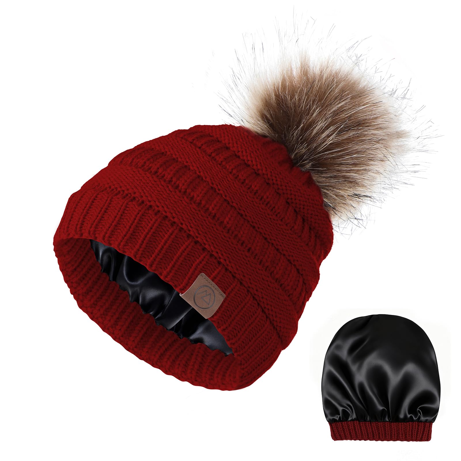 American Trends Gorros de invierno para mujer, gorro de esquí con forro de satén y pompón cálido de punto de cable para nieve, gorro de esquí, Burgundy, Talla única